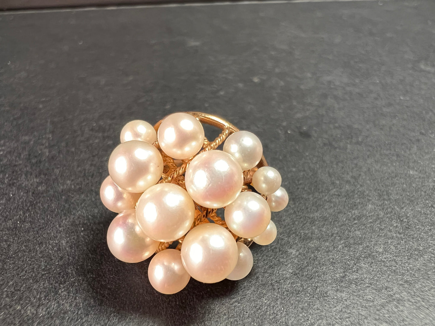 Vintage 14K Gold Cluster Pearl Cocktail Ring – Mid Century Dome Design- size 6