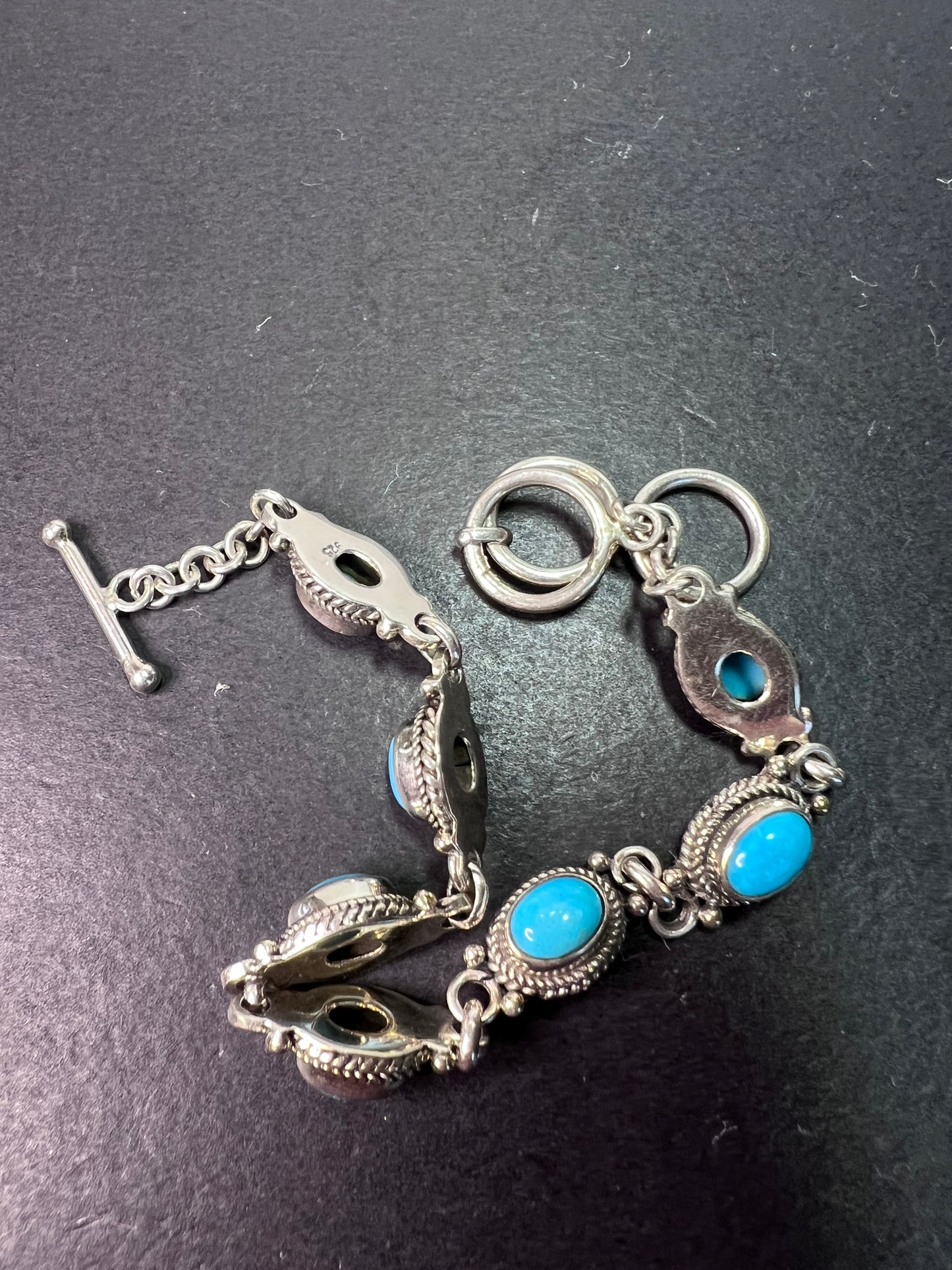 Turquoise and sterling silver link bracelet with toggle clasp