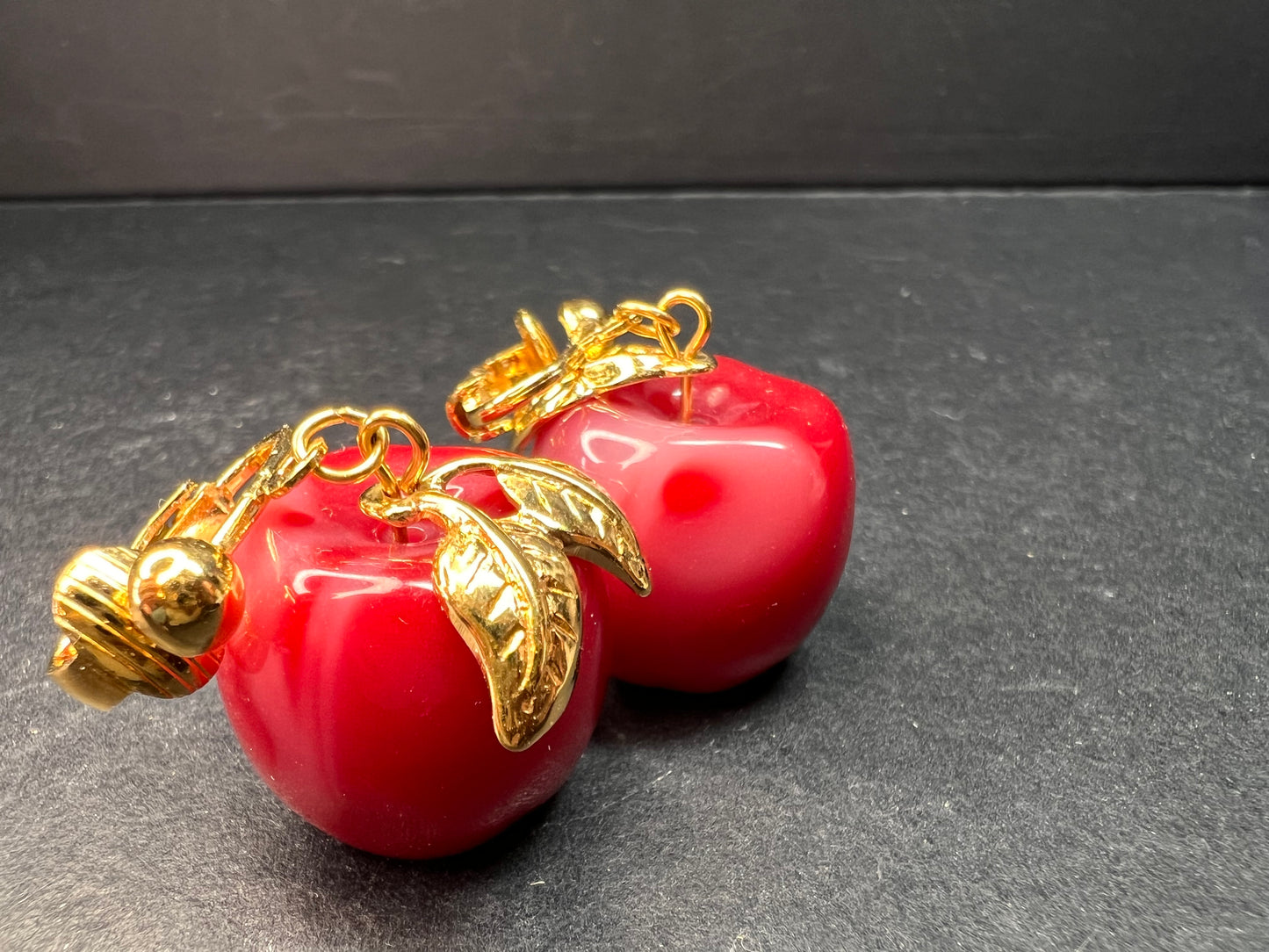 Avon "Apple A Day" Vintage Clip Earrings | Red Lucite Dangle Costume Jewelry
