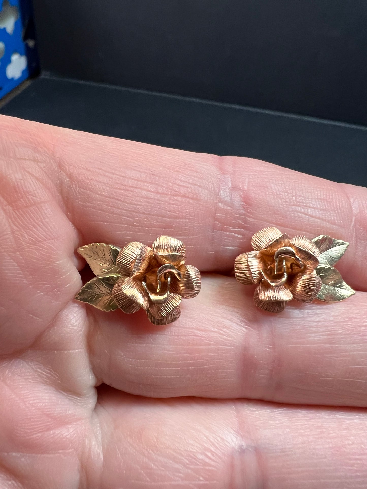 Vintage Krementz Rose and yellow gold tone Flower Leaf Screw Back Earrings