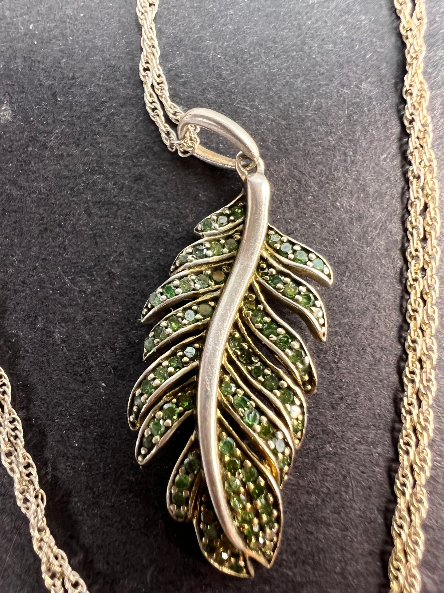 Natural green diamonds feather pendant and chain necklace in white gold over sterling silver