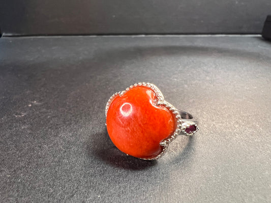 NEW cherry red jade and ruby blossom  ring in rhodium over sterling silver size 6