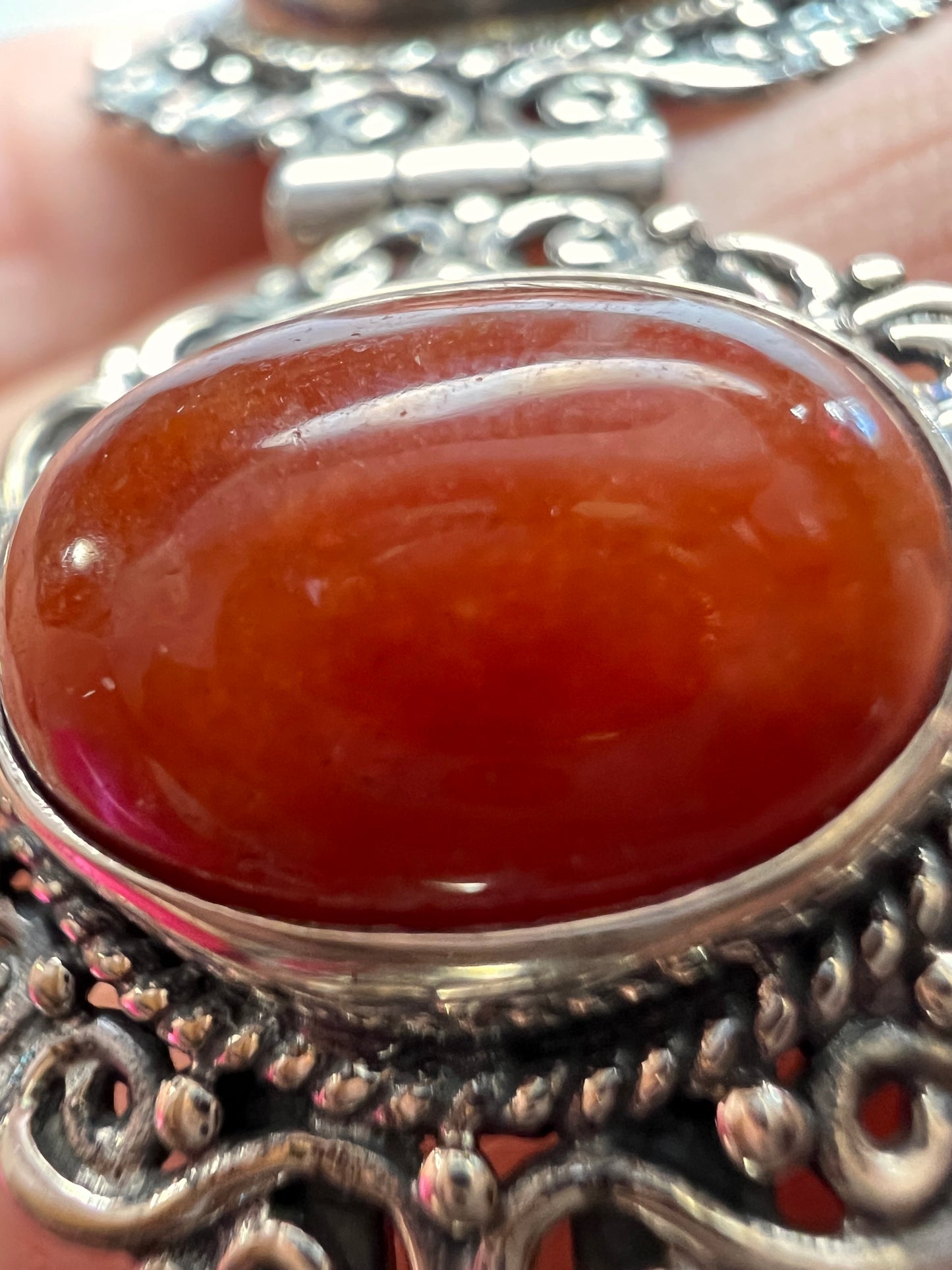 Red orange jade ornate sterling silver toggle bracelet