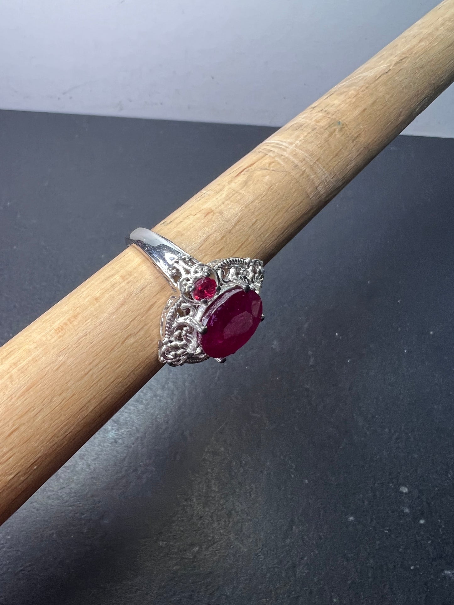 Ruby and white topaz sterling silver cocktail ring size 9