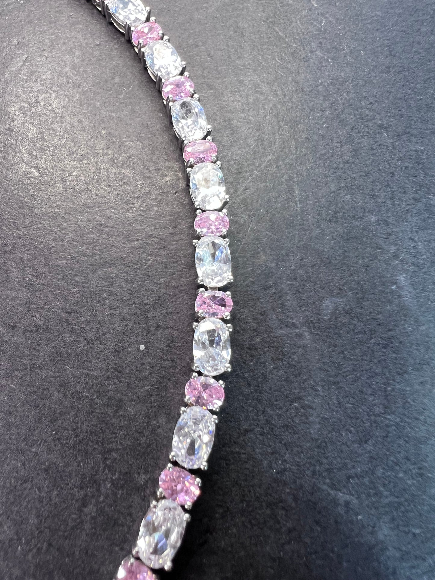 Pink and white cubic zirconia sterling silver 7 inch bracelet