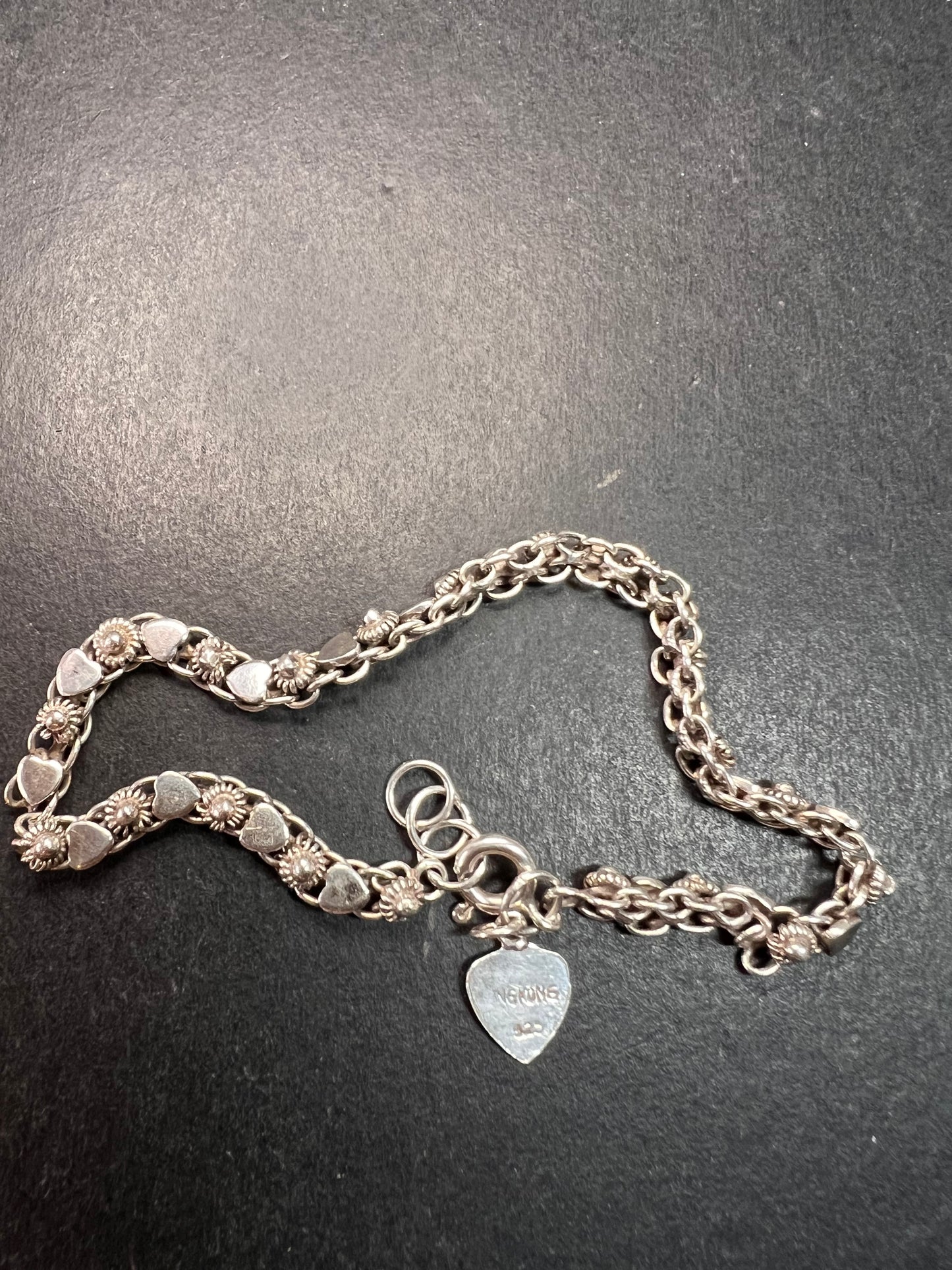 Vintage Cannetille and hearts sterling silver bracelet with charm