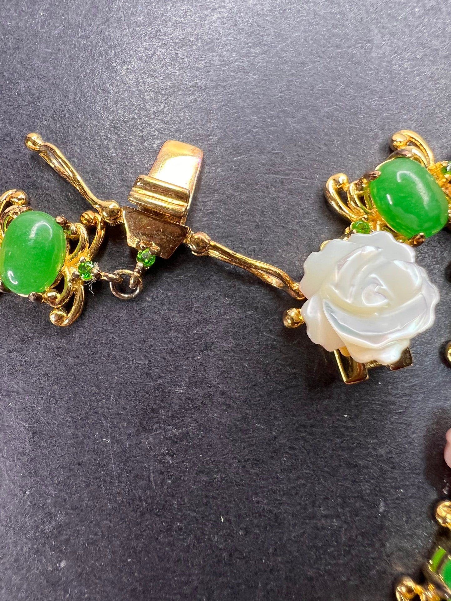 Mother of pearl roses , jade and chrome diopside bracelet in gold over sterling silver 7.5 inches