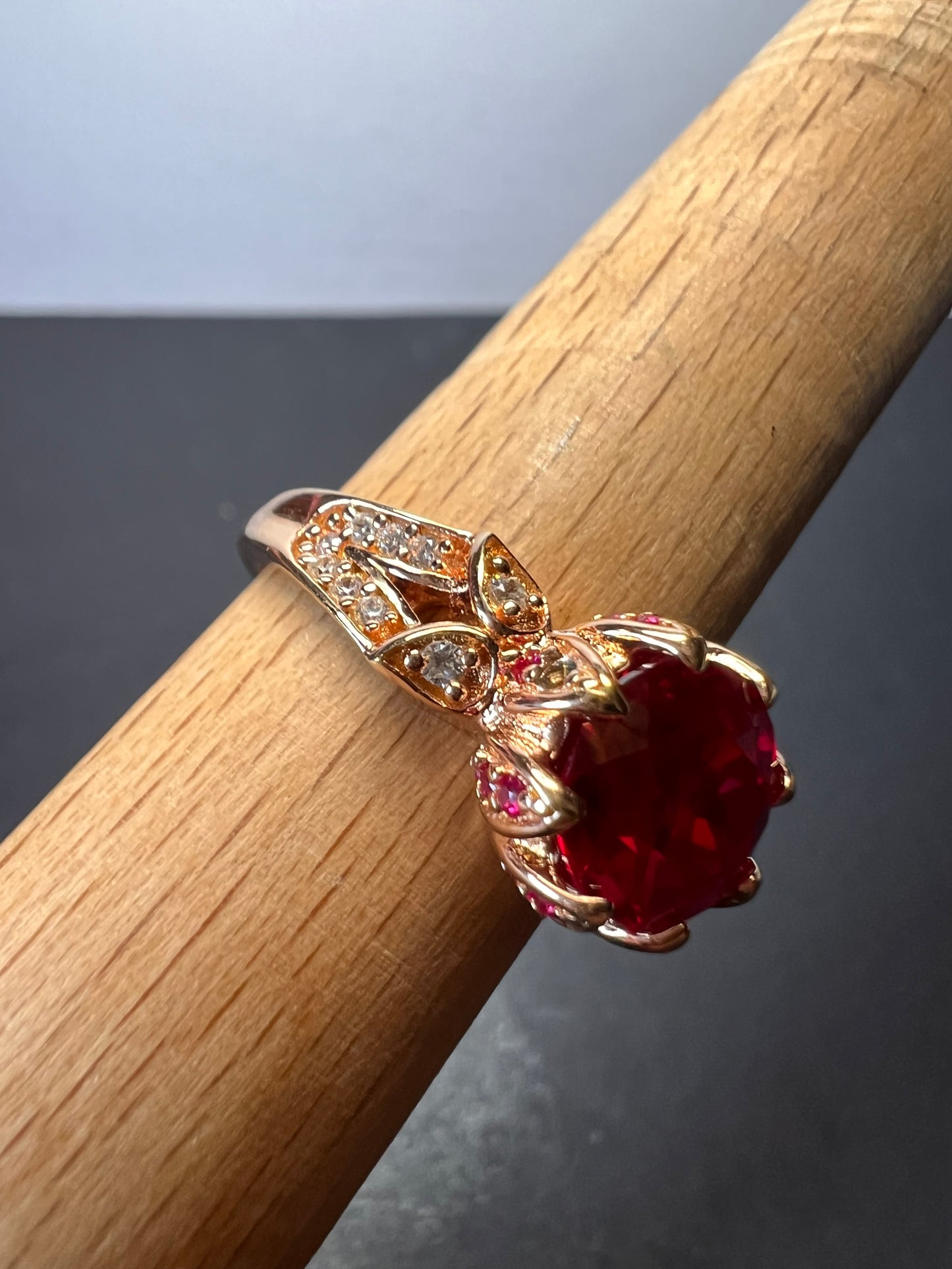 Lab Ruby and pink sapphire rose gold over sterling statement ring size 10