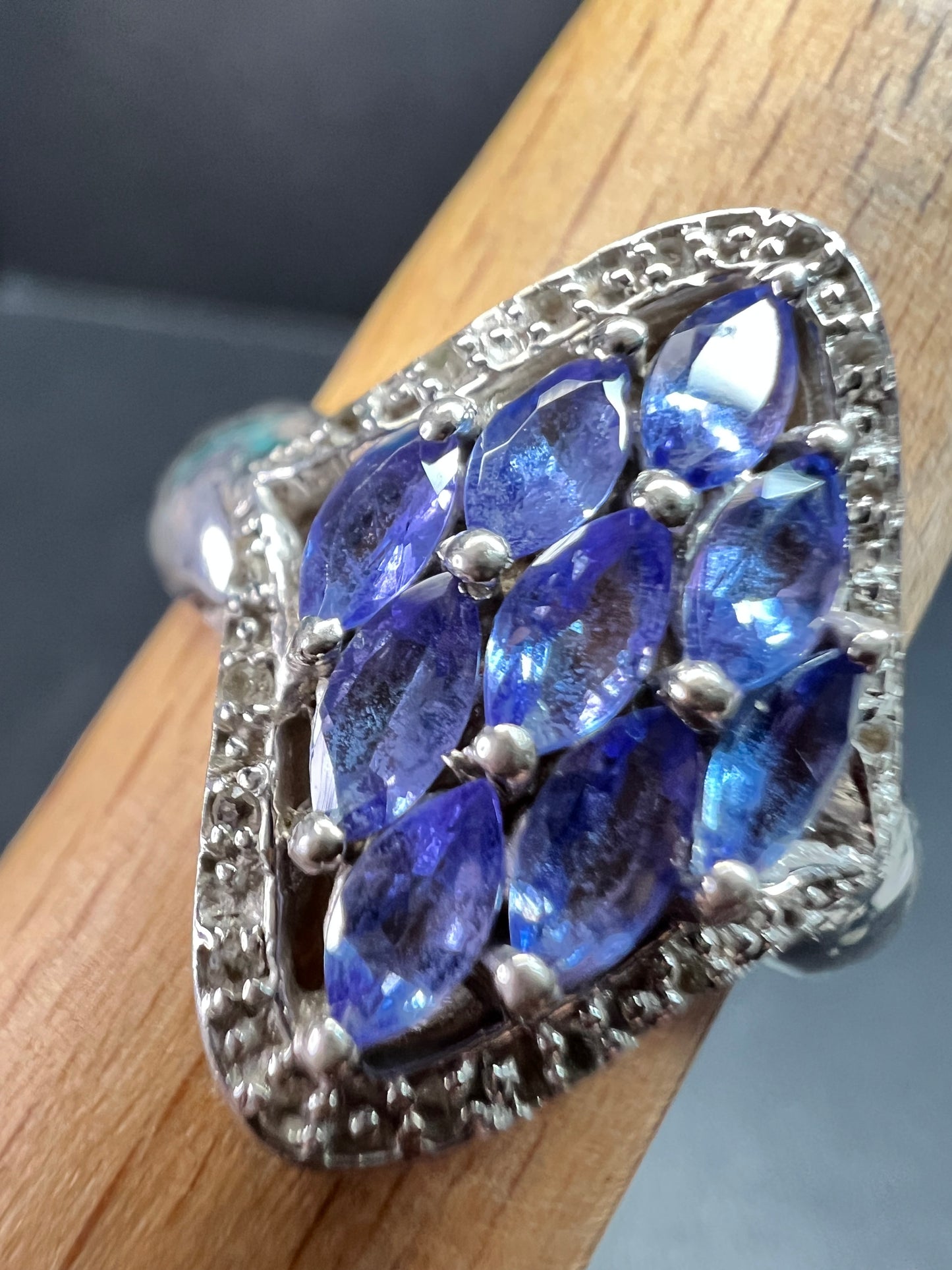 Vintage Tanzanite Diamond Sterling Silver Marquise Ring Size 9