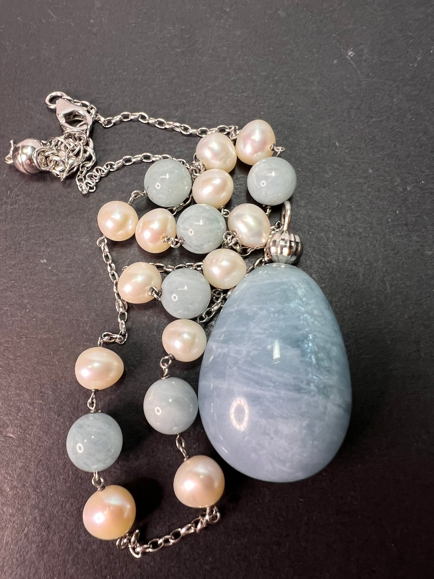 Aquamarine and pearl sterling silver station necklace