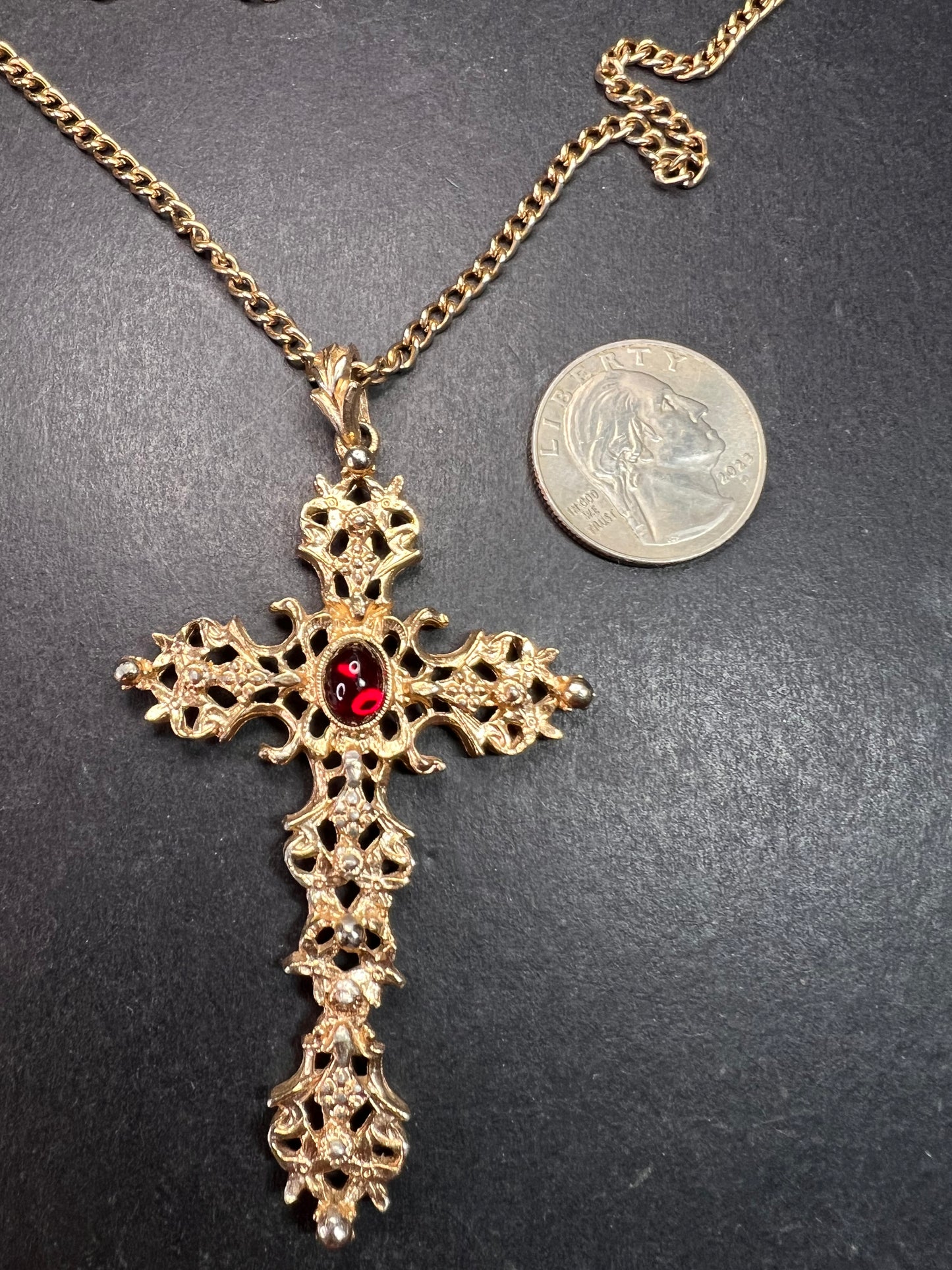 Vintage Avon Red Cabochon Filigree Cross Necklace 24”