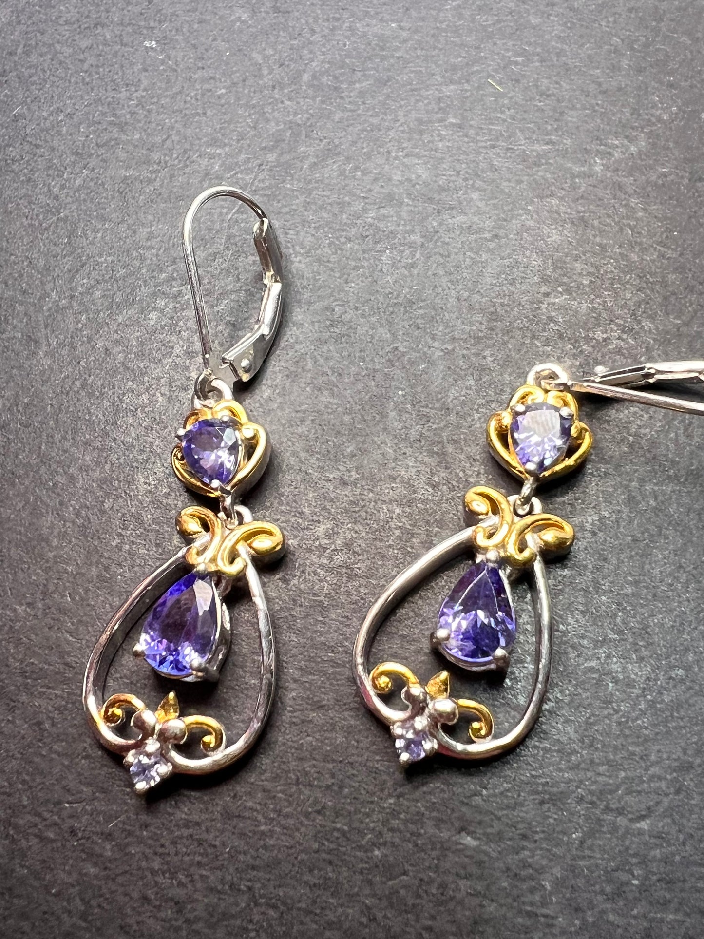 Blue tanzanite two toned sterling silver chandelier lever back earrings