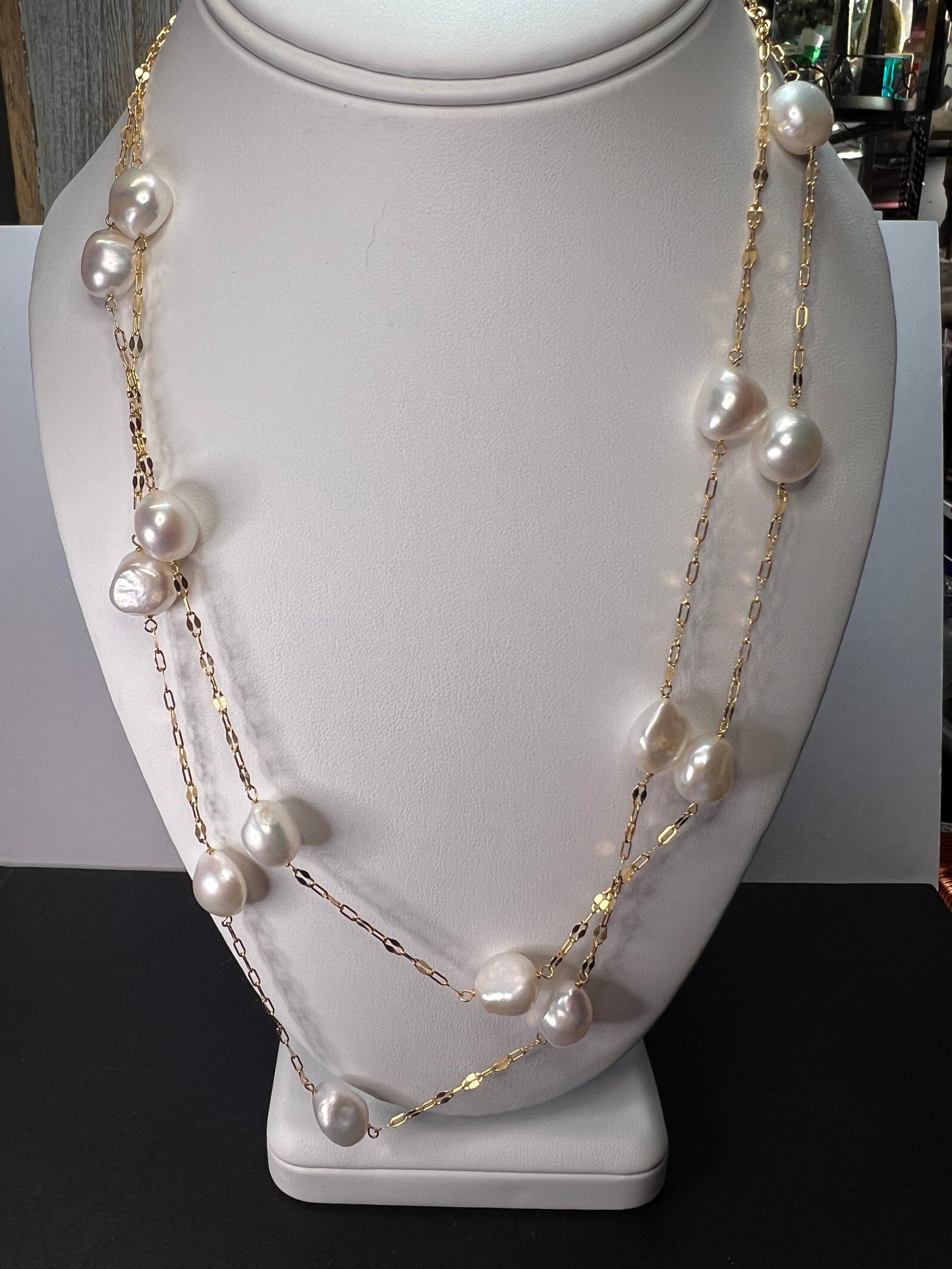 10.5-11mm white cultured freshwater pearl double strand station necklace in 18k yellow gold over sterling silver