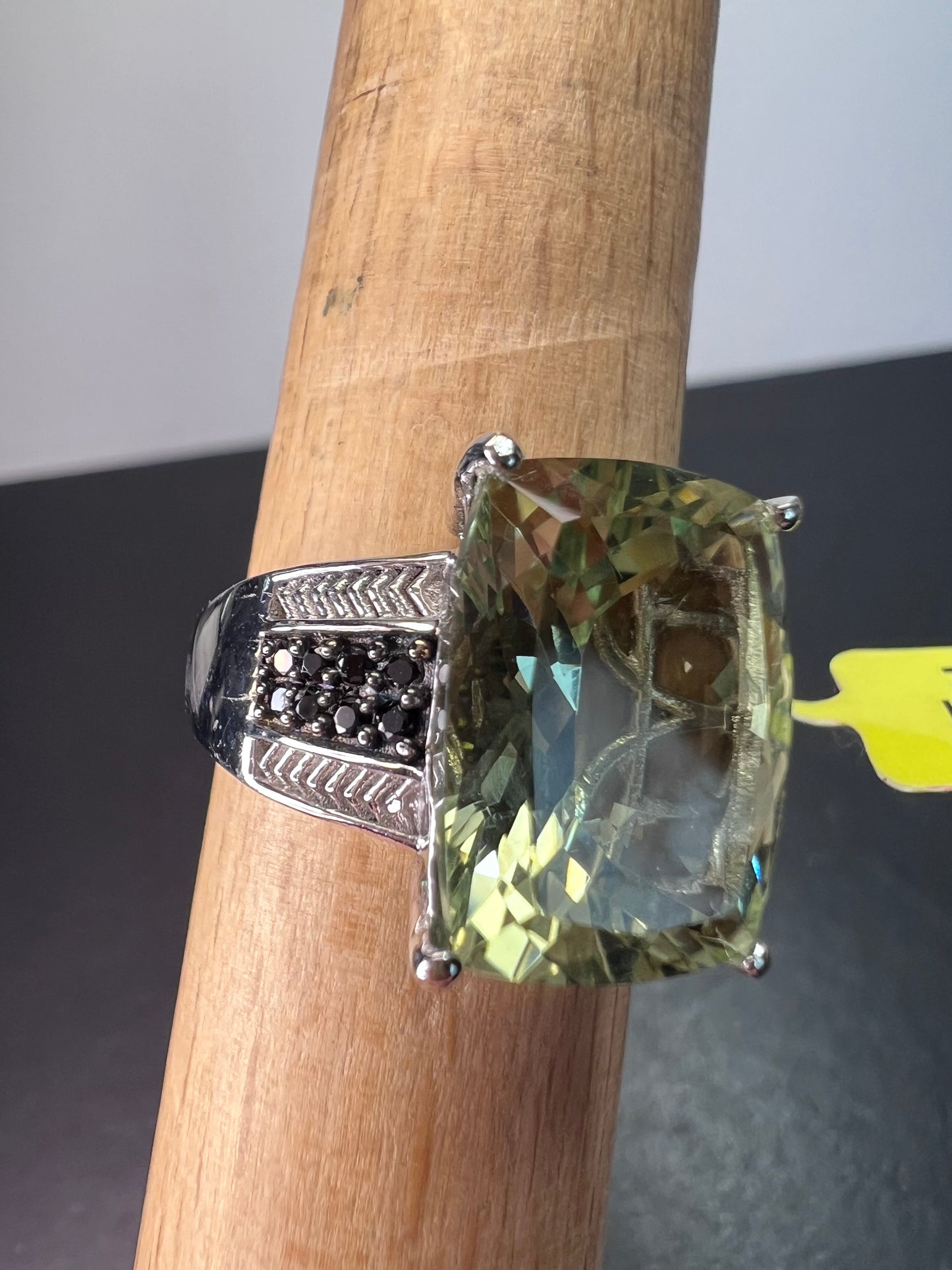 New Prasiolite and black spinel sterling silver ring size 10