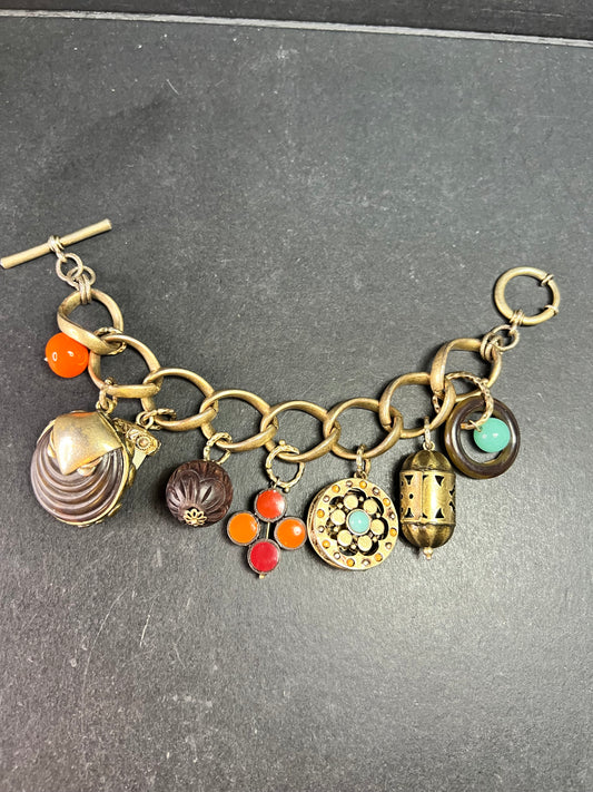 Vintage Charm Bracelet Brass Tone Glass Beads Chunky Statement 8 Inch