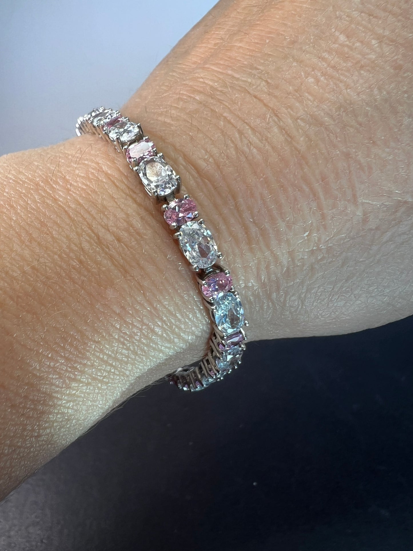 Pink and white cubic zirconia sterling silver 7 inch bracelet