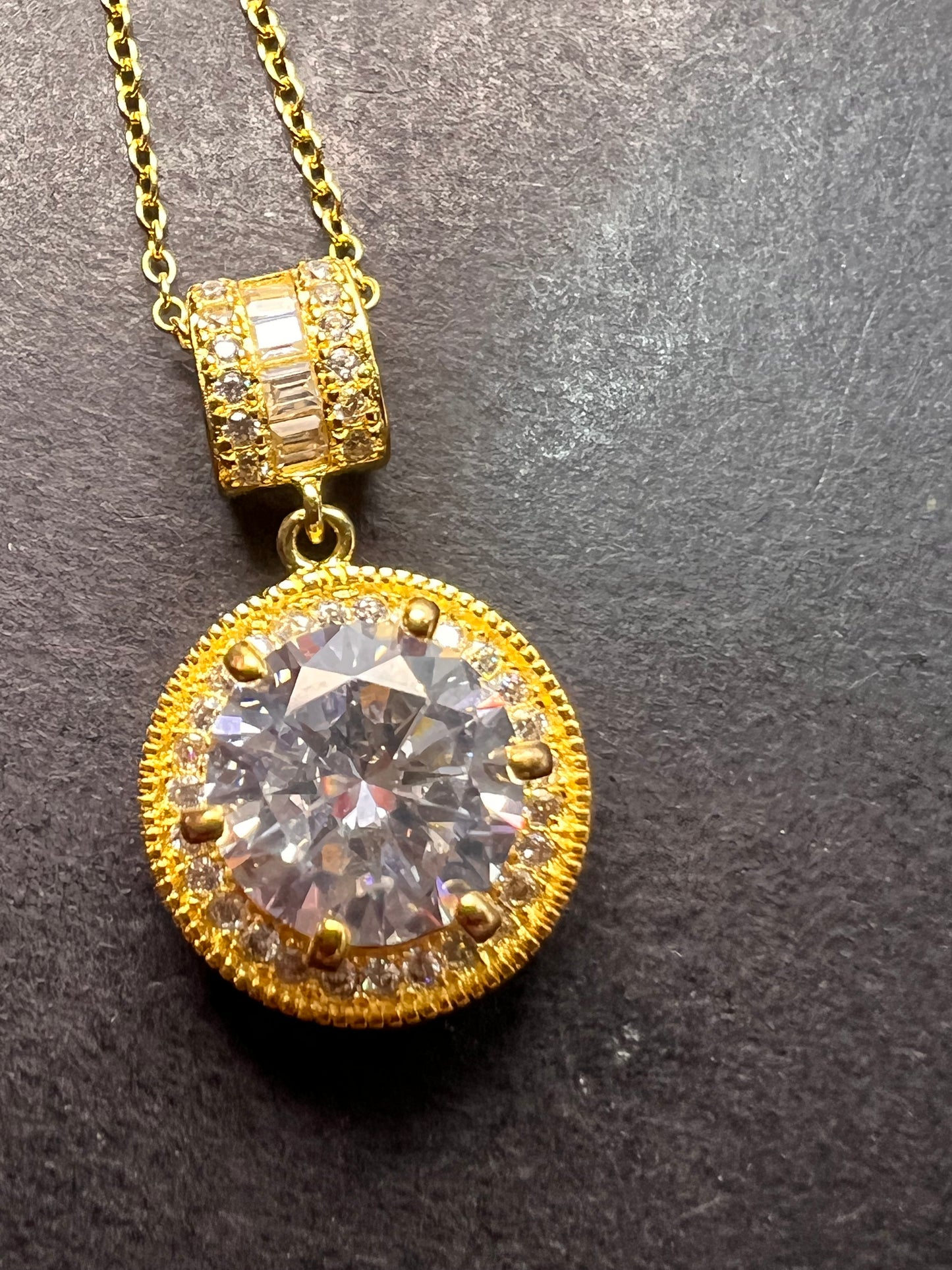 Signed FZN gold over Sterling CZ halo pendant and chain necklace