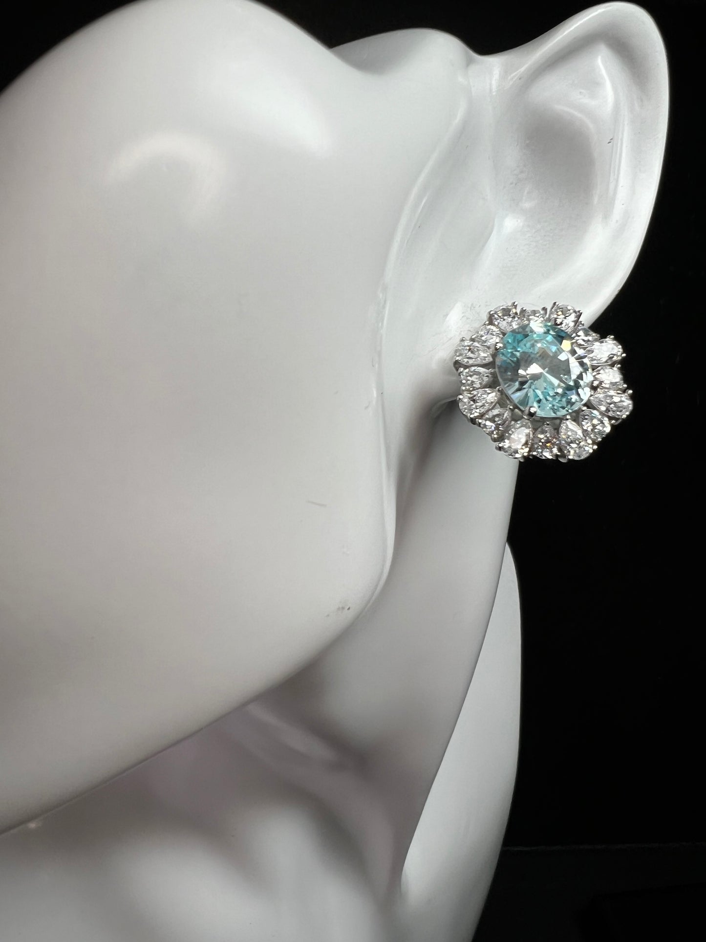 Sterling Silver Aqua CZ Halo Omega Back Earrings New w Tags