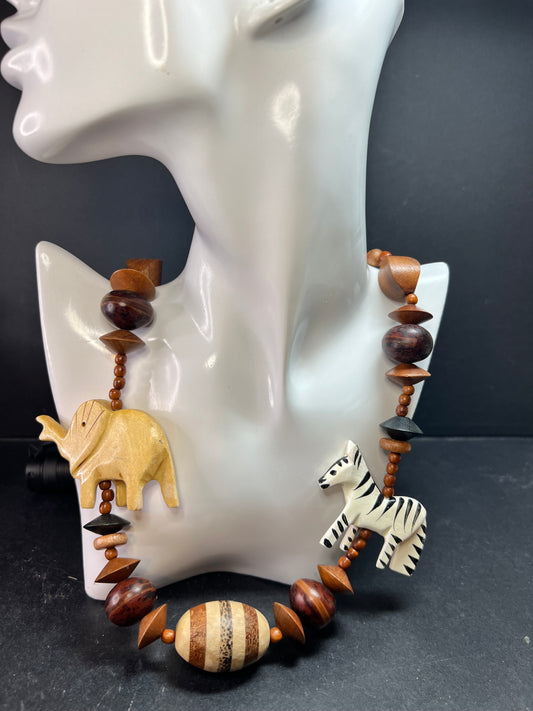 Vintage Carved Animal Wood Bead Statement Necklace 30”