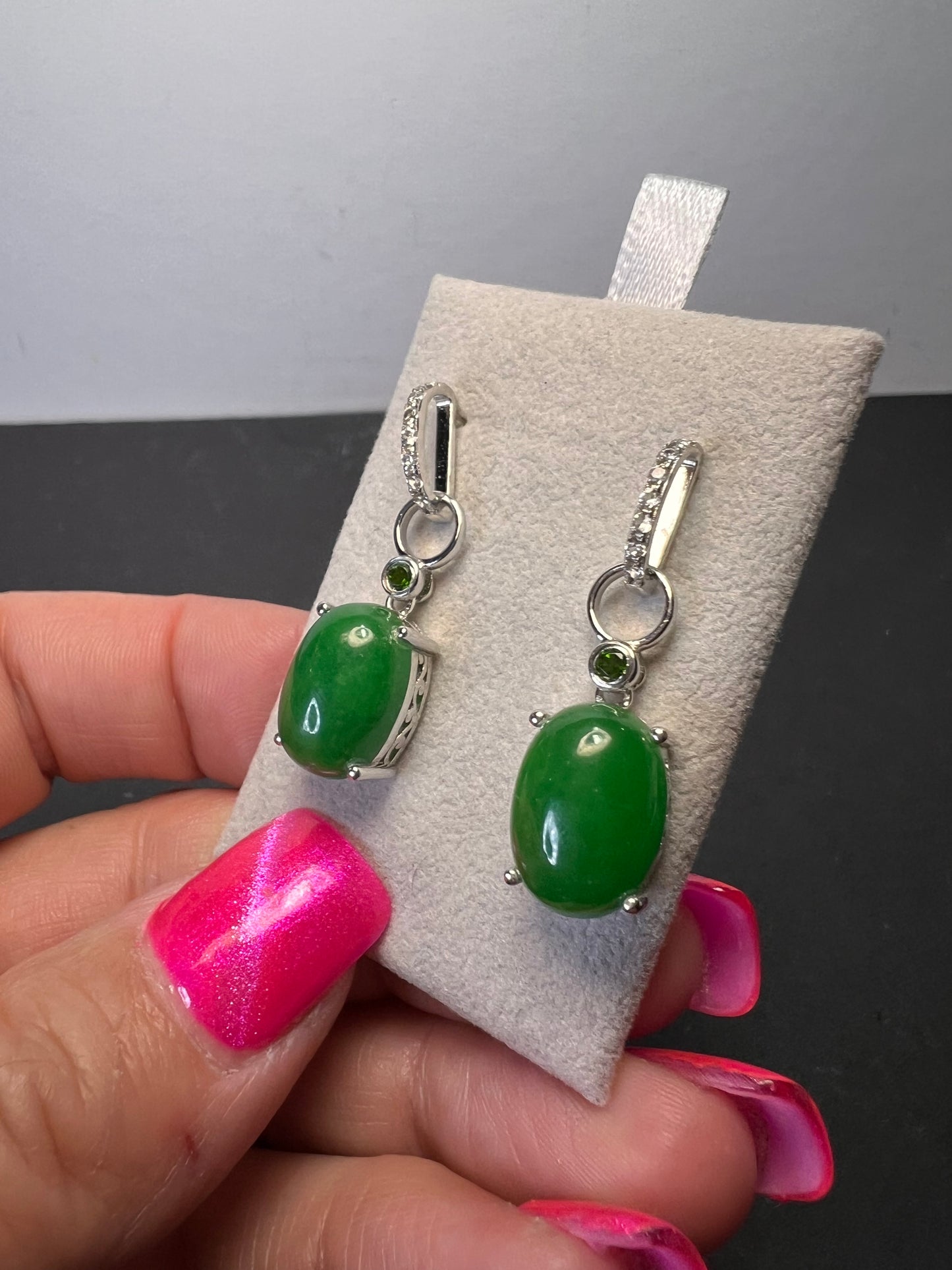 Jade and chrome diopside sterling silver earrings