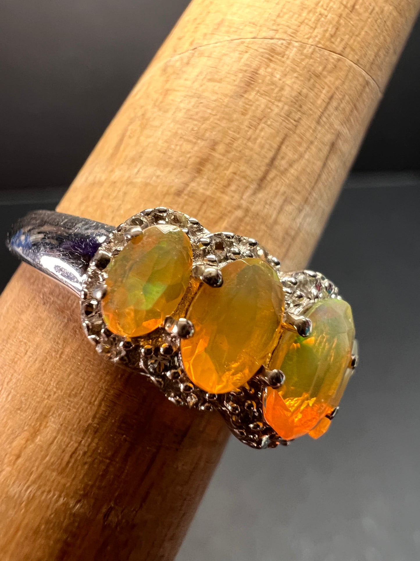 Vintage Ethiopian opal and zircon sterling silver ring size 7
