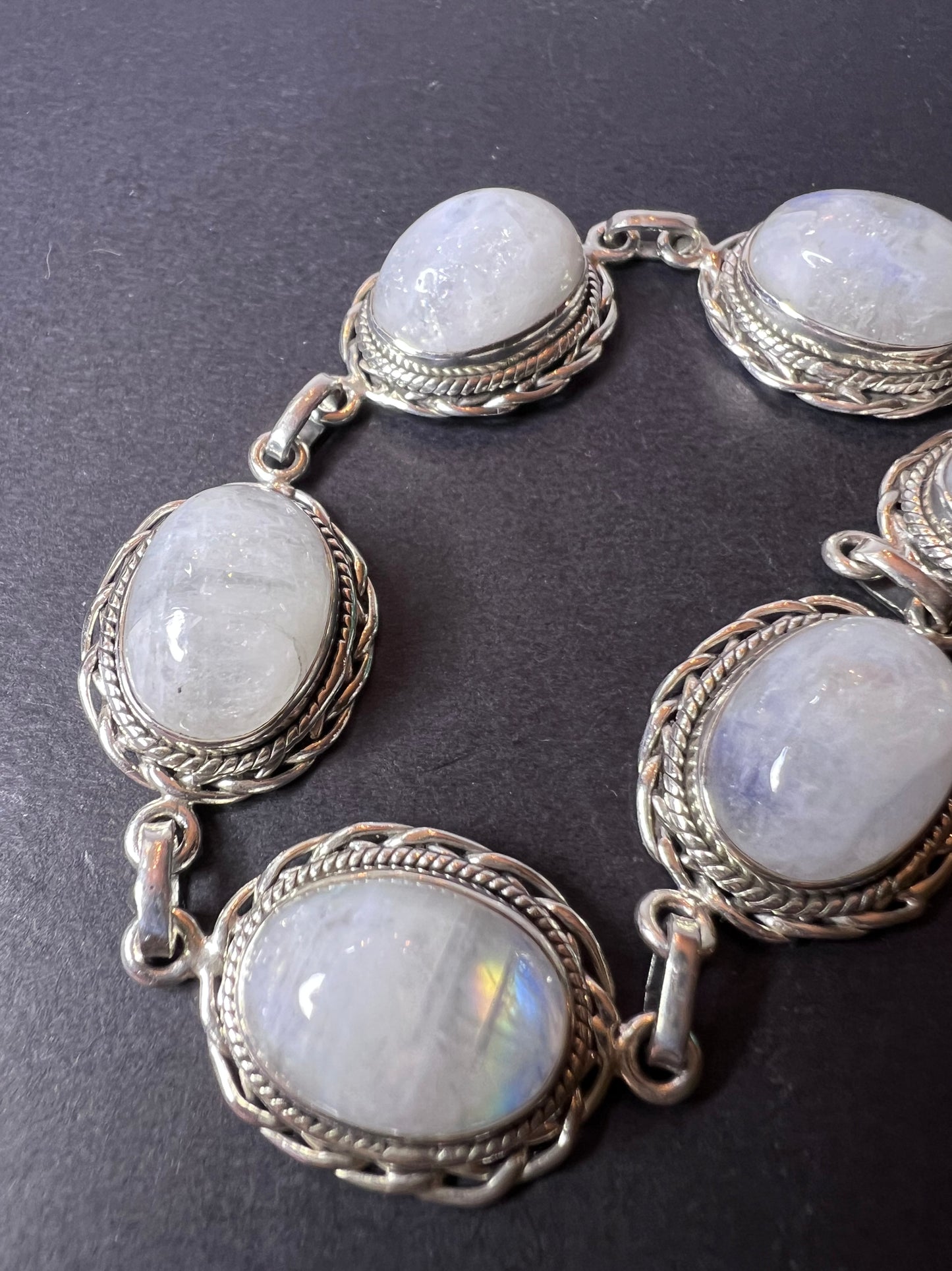 Rainbow moonstone and Bali style sterling silver toggle bracelet with extender