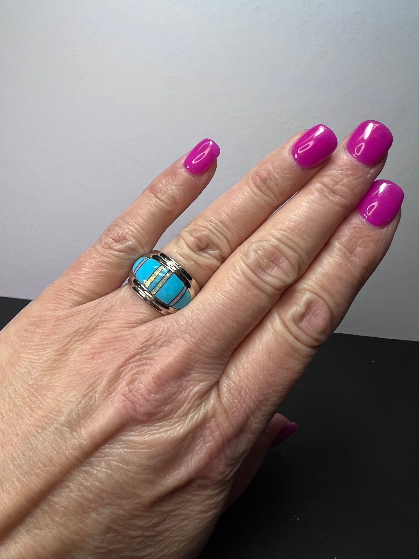 Turquoise lab opal sterling size ring size 7.5