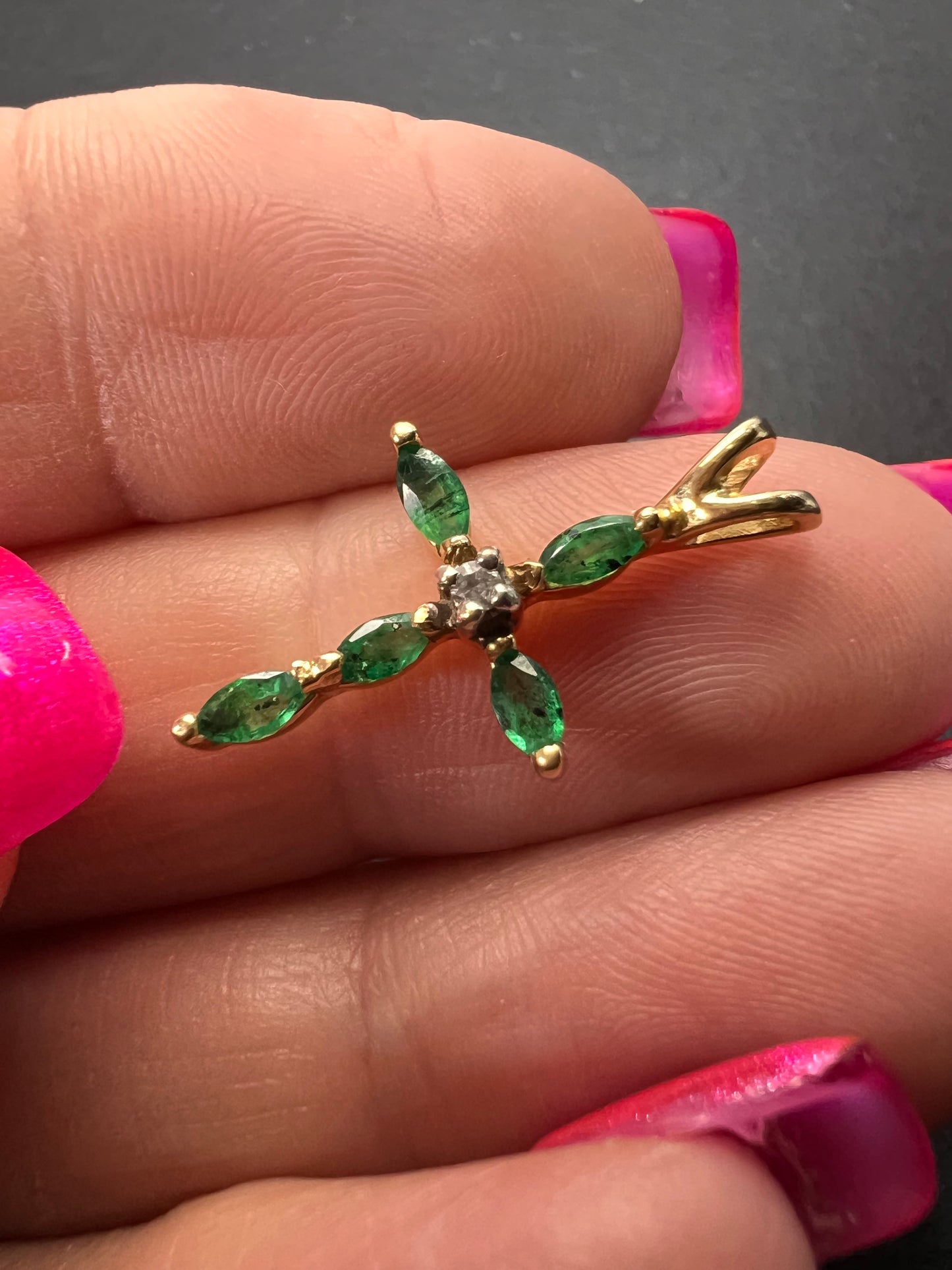 14k gold emerald diamond cross pendant