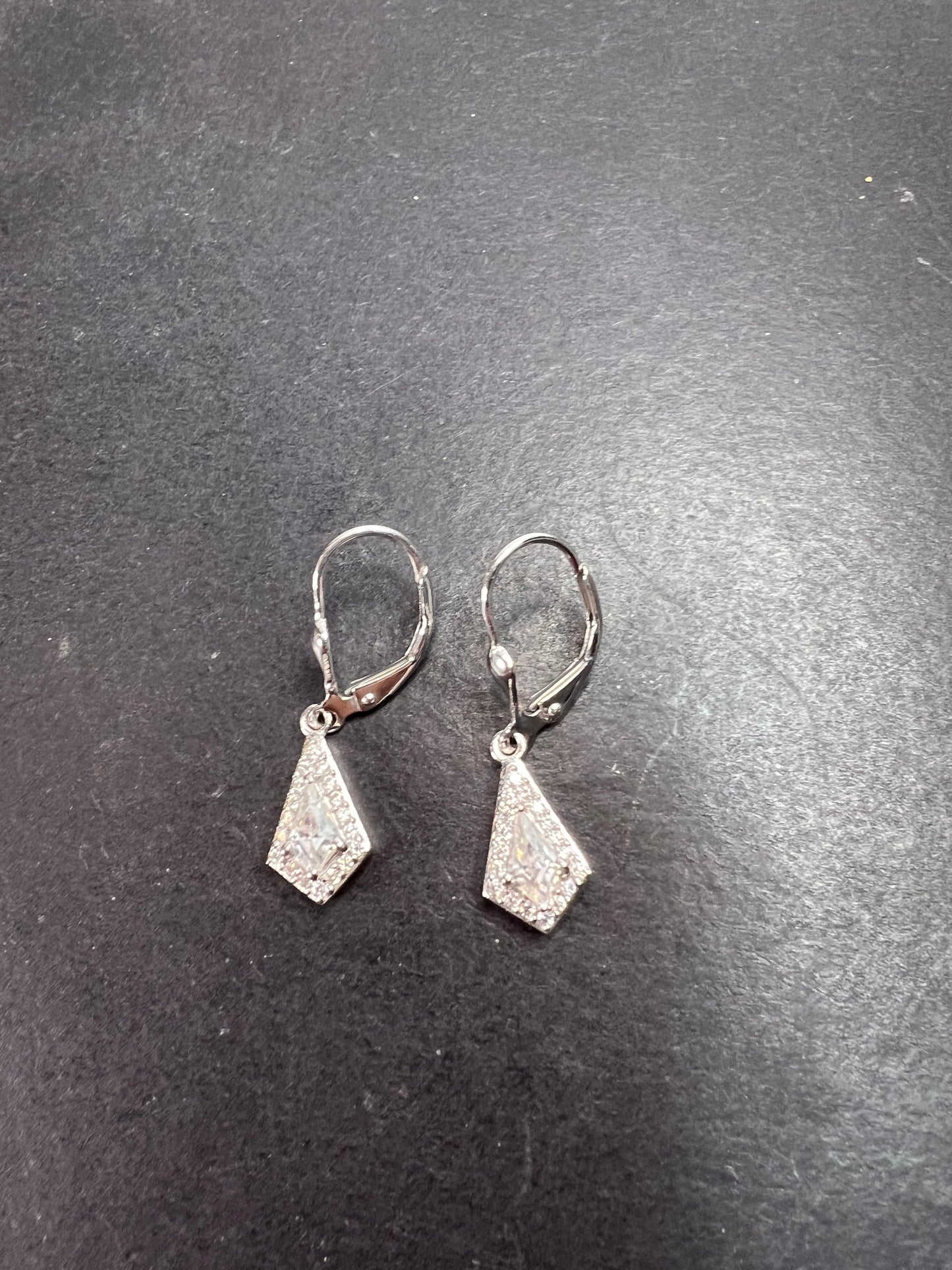 Moissanite lever back kite earrings in platinum over sterling silver *NEW*