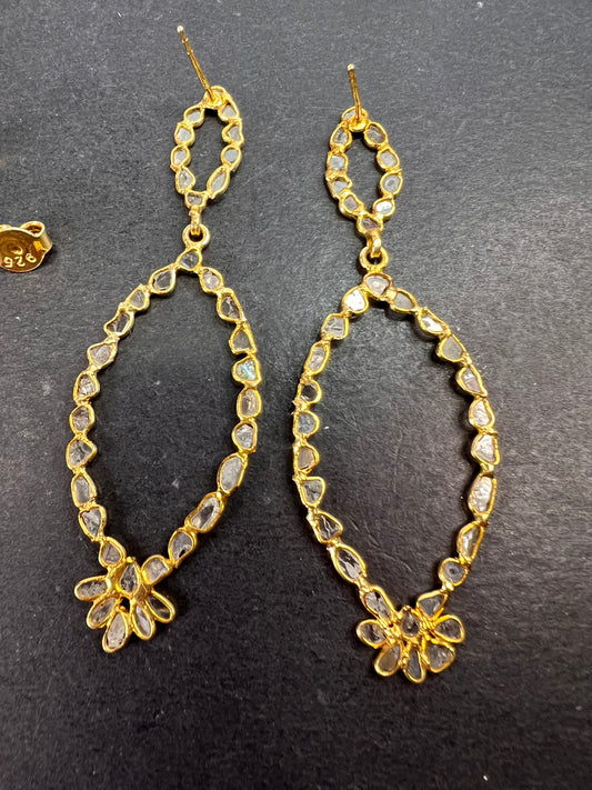 Polki diamonds chandelier earrings in gold over sterling silver