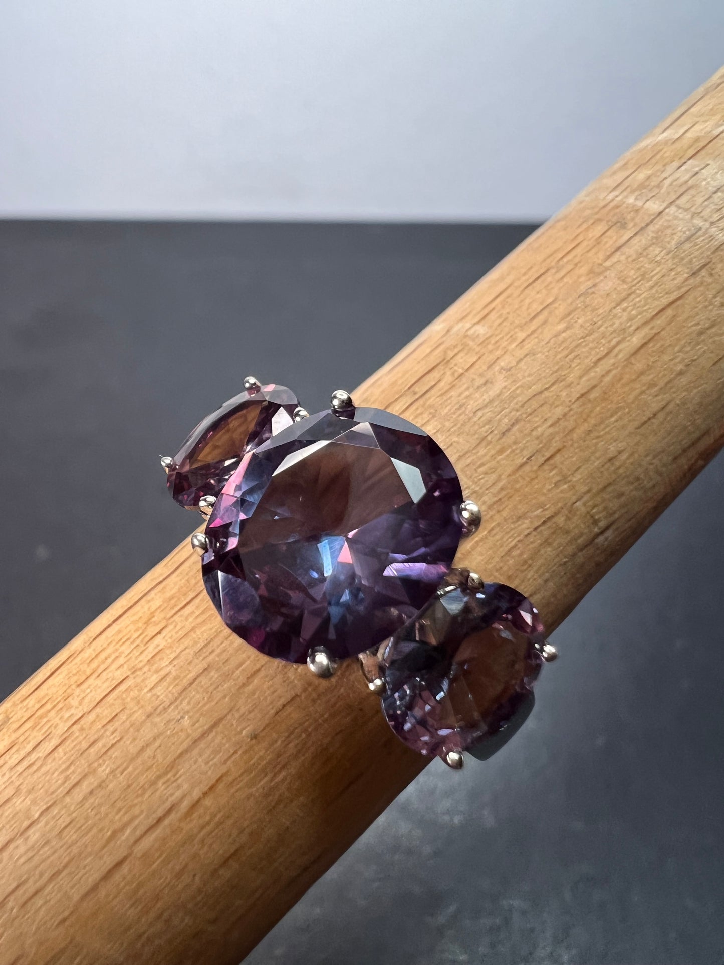 Lab created alexandrite trilogy ring in rhodium over sterling silver size 9