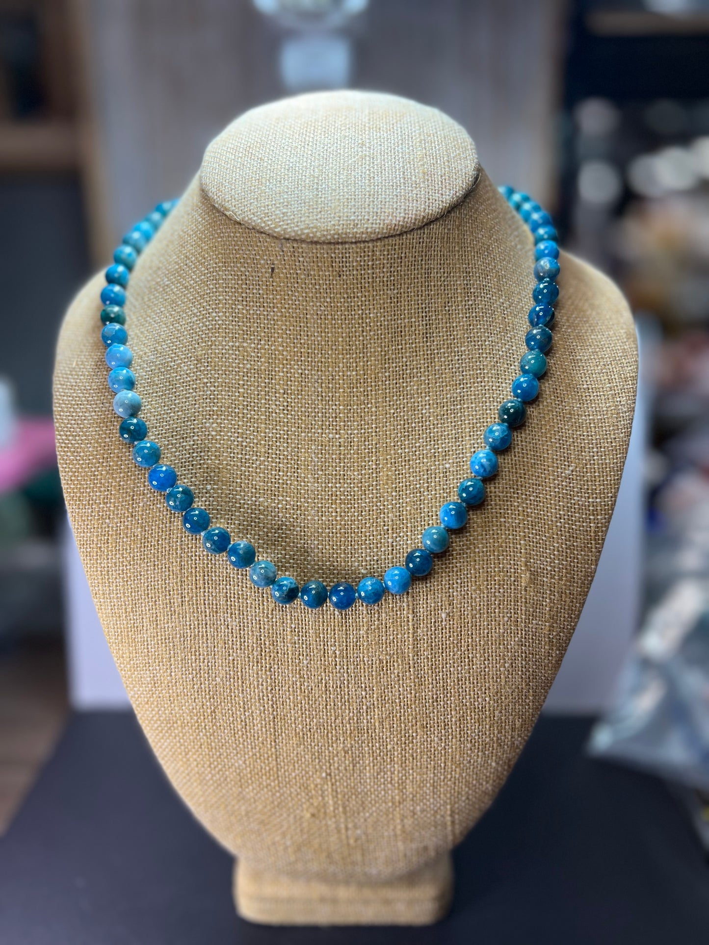 Blue apatite 8 mm knotted necklace