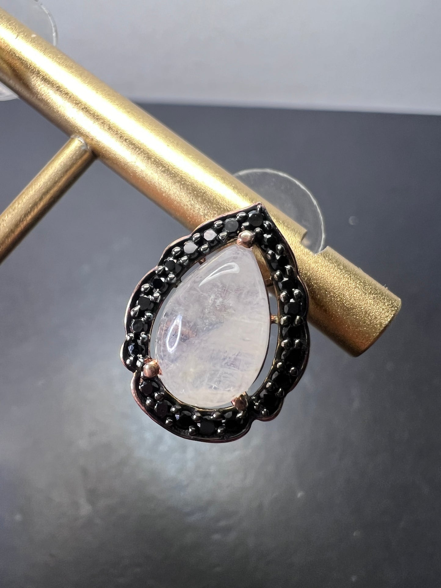 Rainbow moonstone and black spinel tear drop stud halo earrings in rose gold over sterling silver