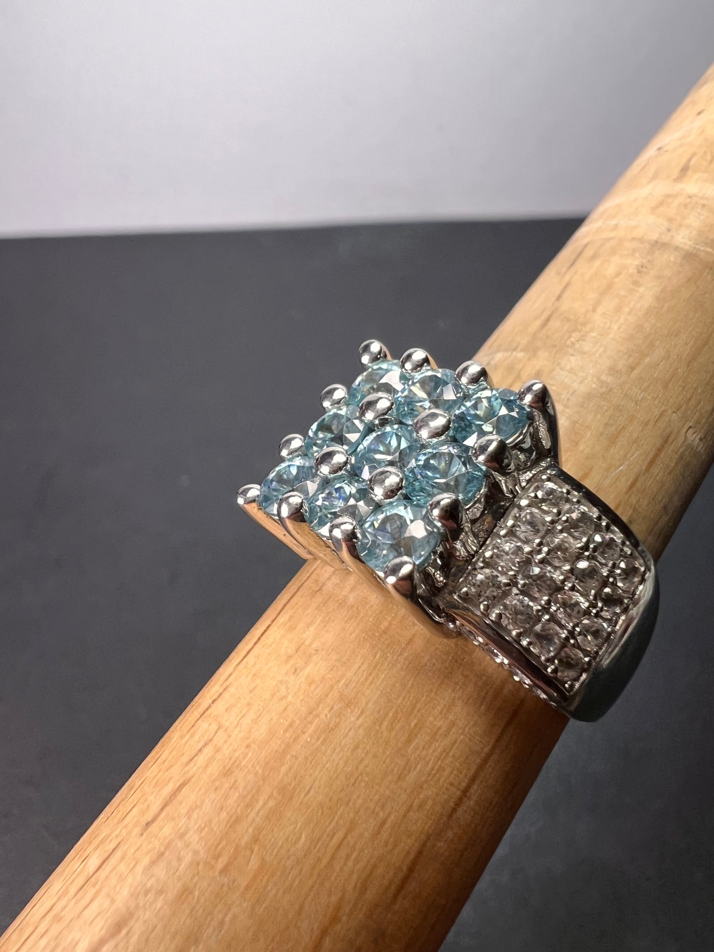 Blue and white topaz multi row sterling silver ring size 9