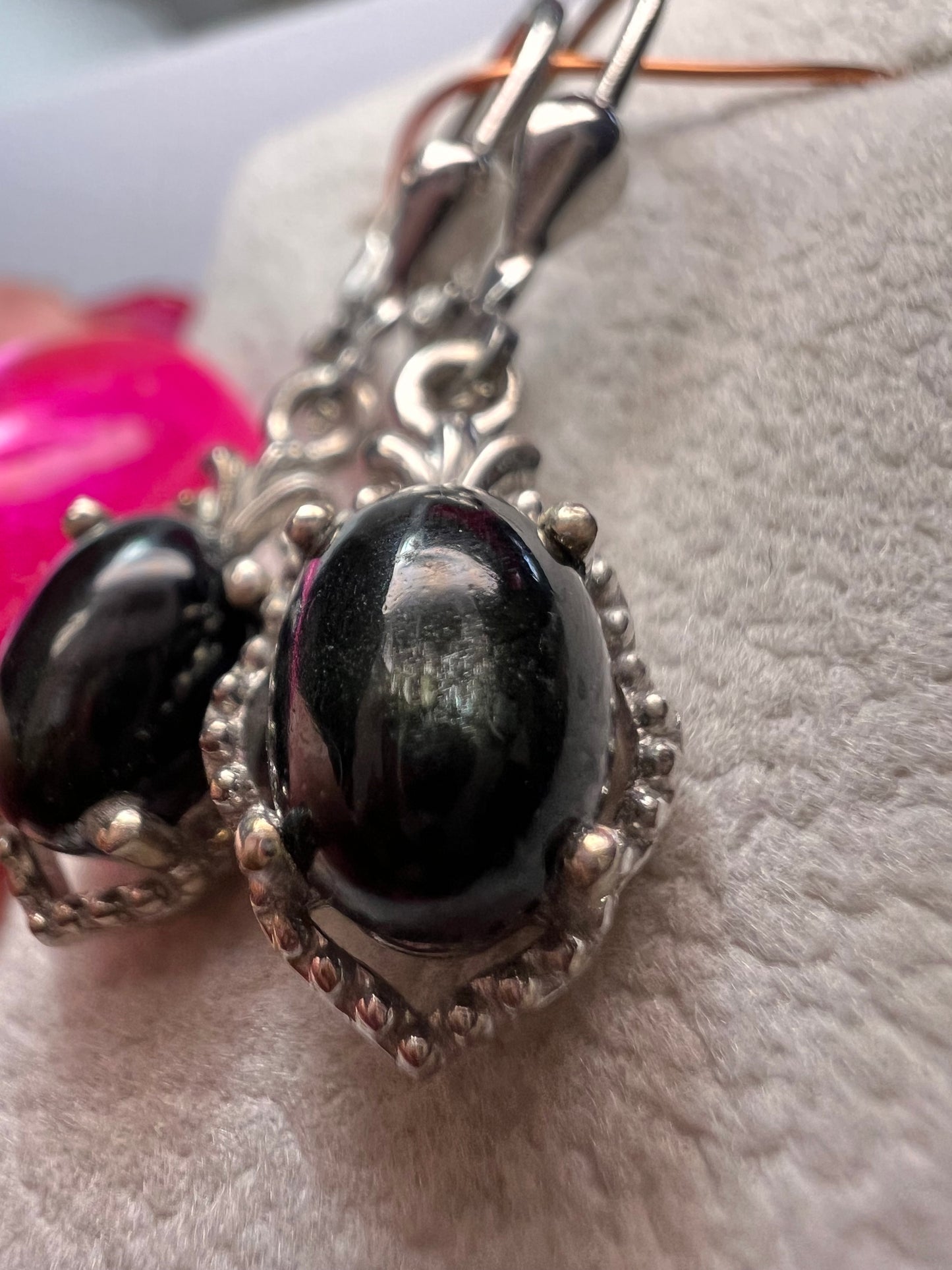 Black star sapphire sterling silver leverback earrings