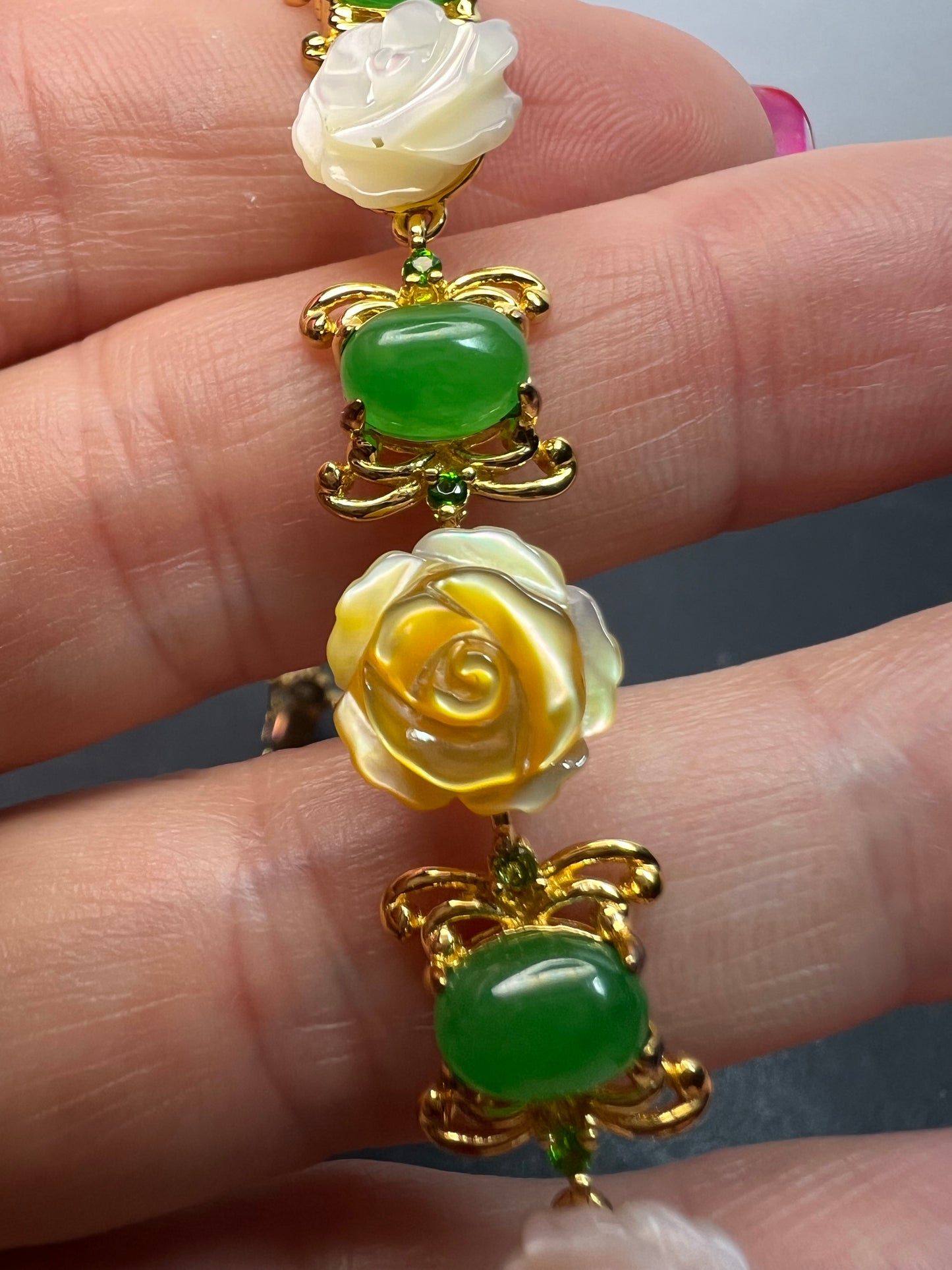 Mother of pearl roses , jade and chrome diopside bracelet in gold over sterling silver 7.5 inches