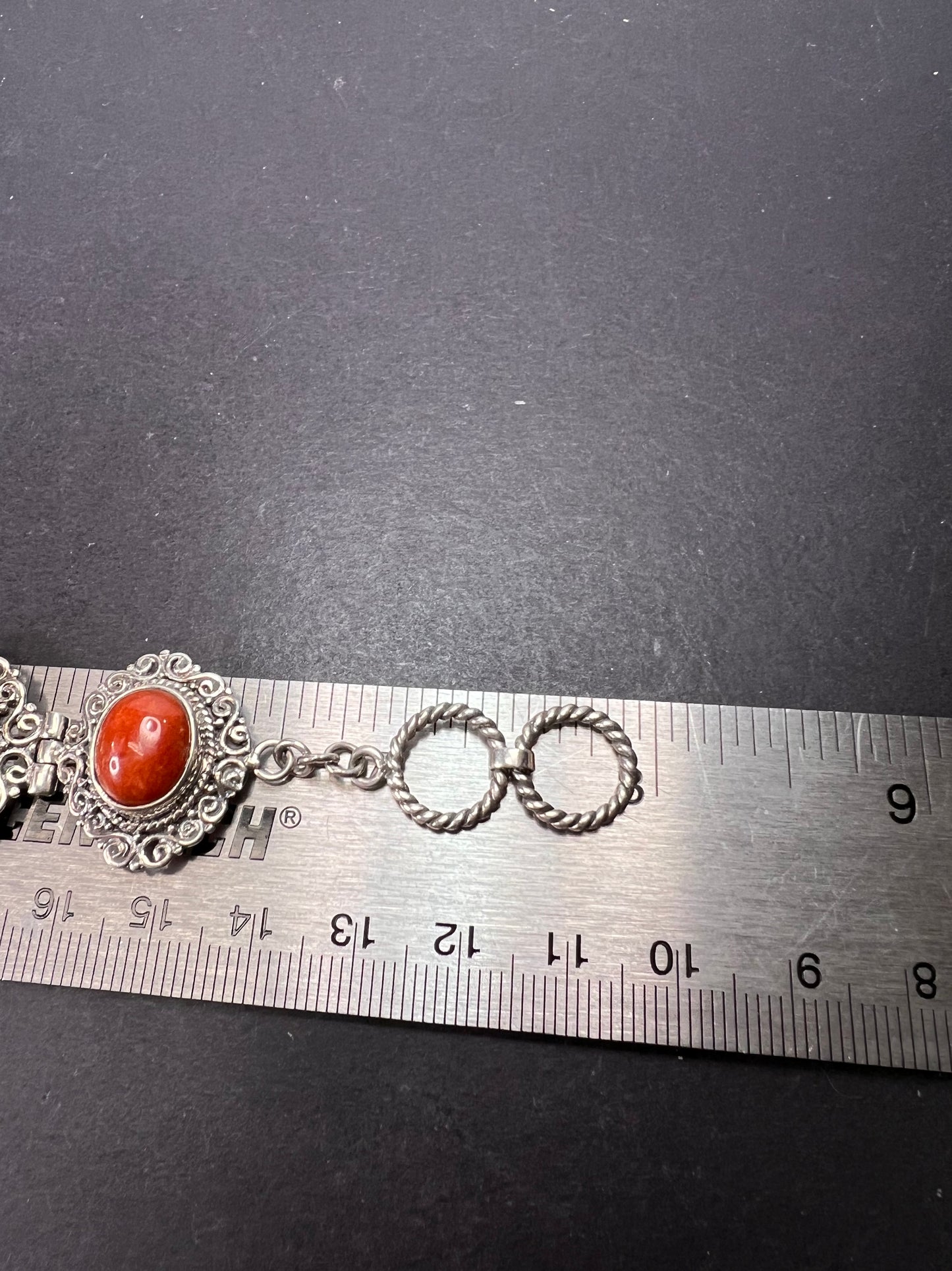 Red orange jade ornate sterling silver toggle bracelet