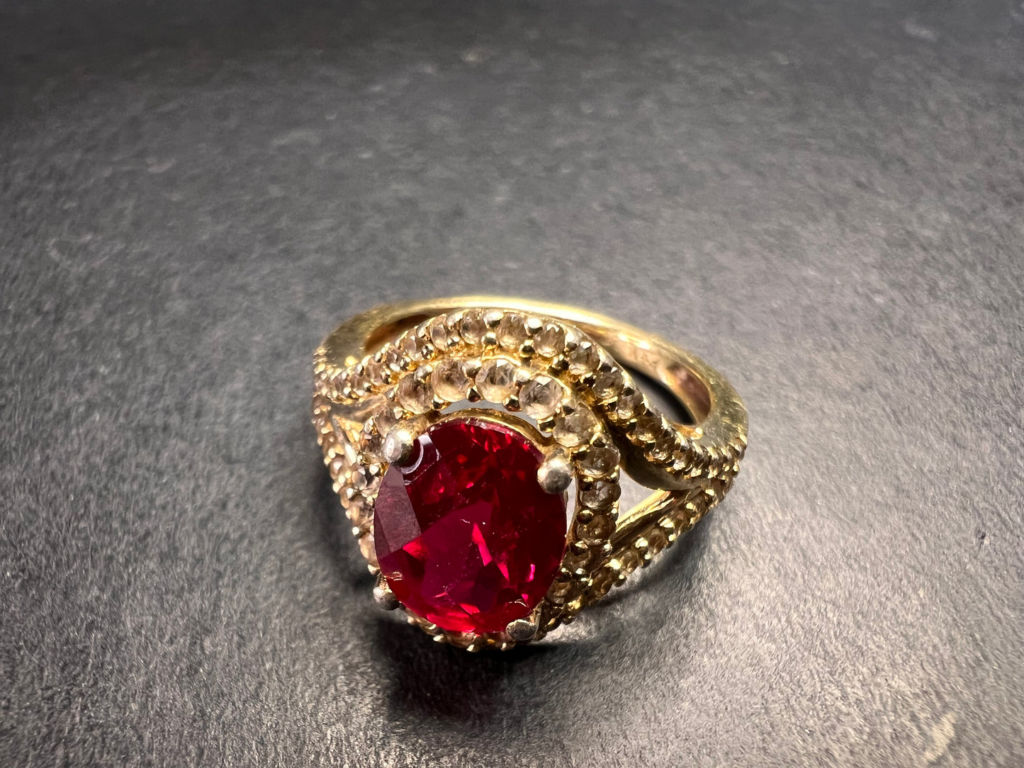 Lab Ruby and topaz halo ring in gold over sterling silver size 7