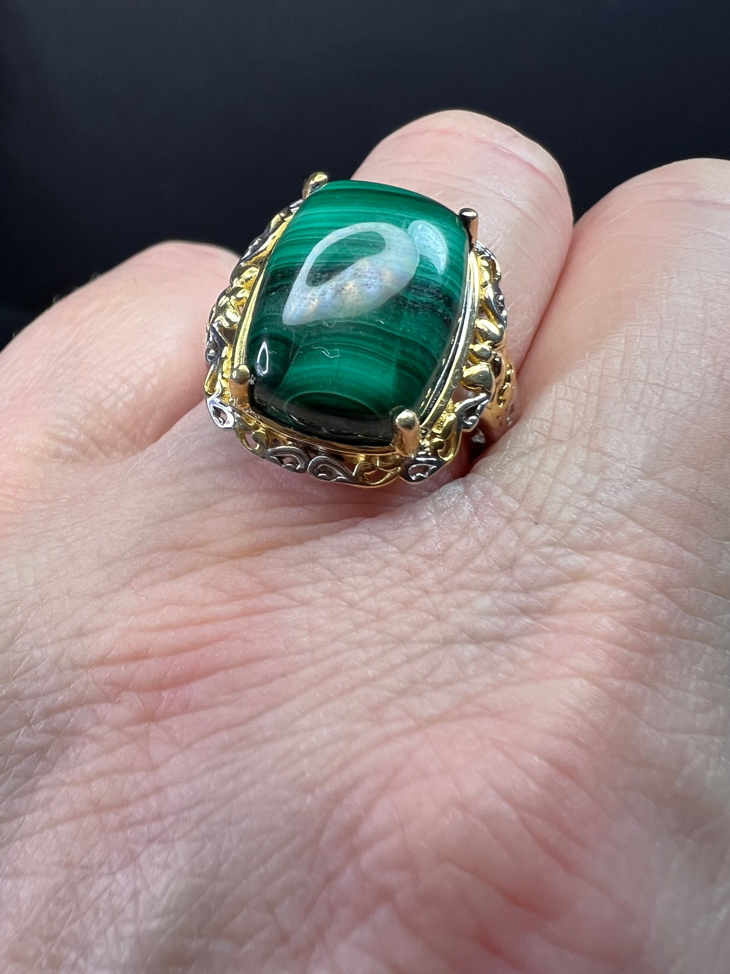 Karis Platinum & 18K Gold Plated Malachite Statement Ring Size 7