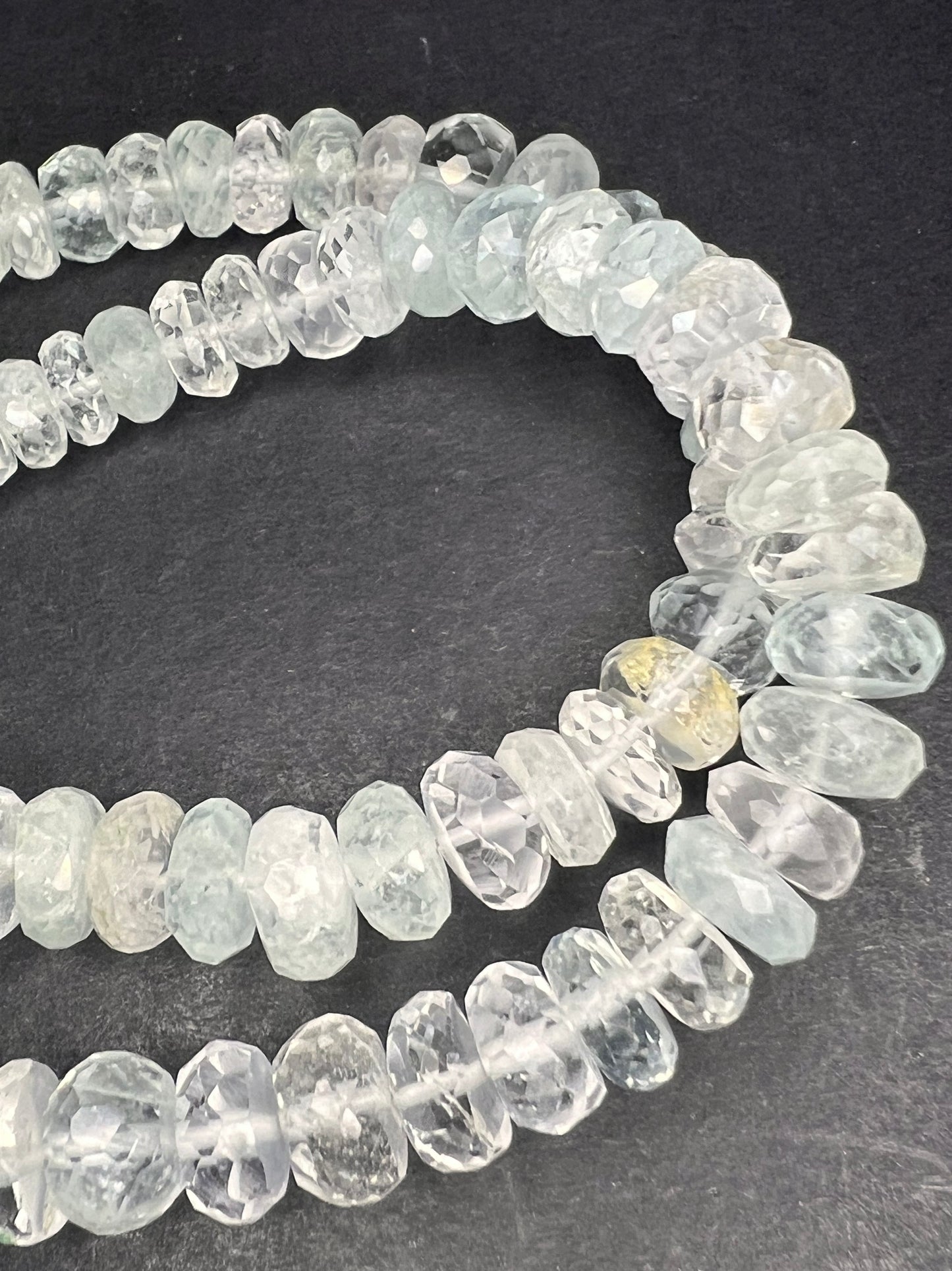 Natural aquamarine faceted rondelle graduated 20 inch necklace with platinum over sterling clasp