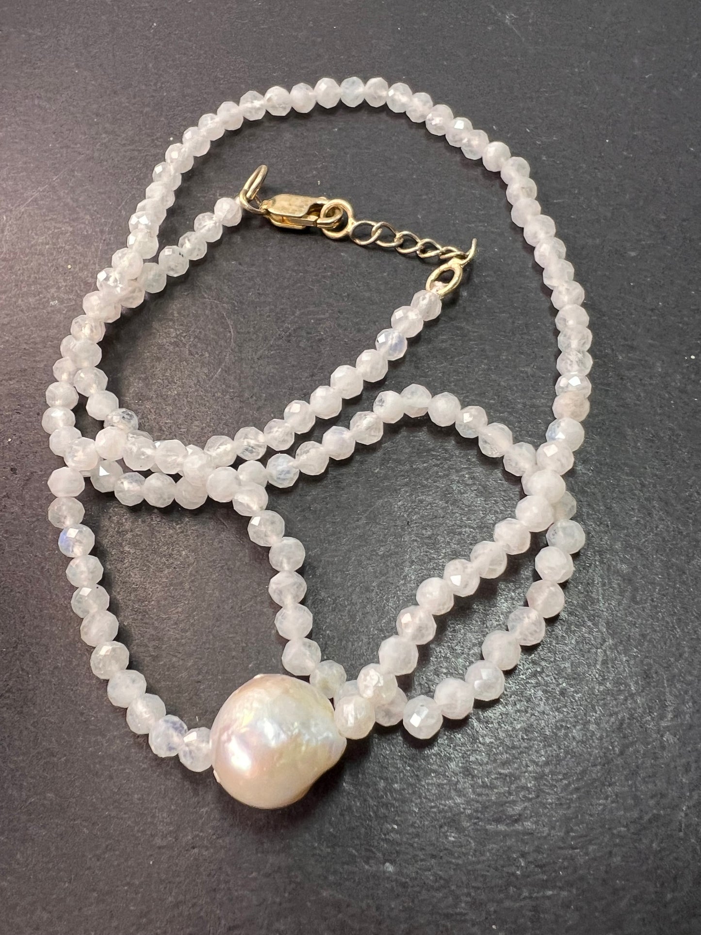 Rainbow moonstone and pearl necklace with sterling silver clasp