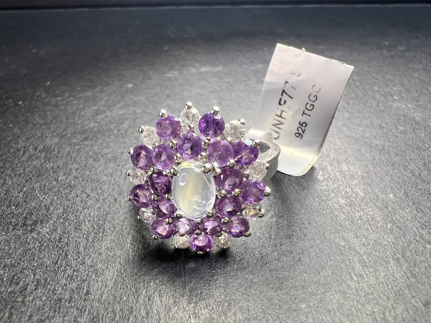 Rainbow Moonstone Amethyst White Topaz Sterling Ring Sz 9