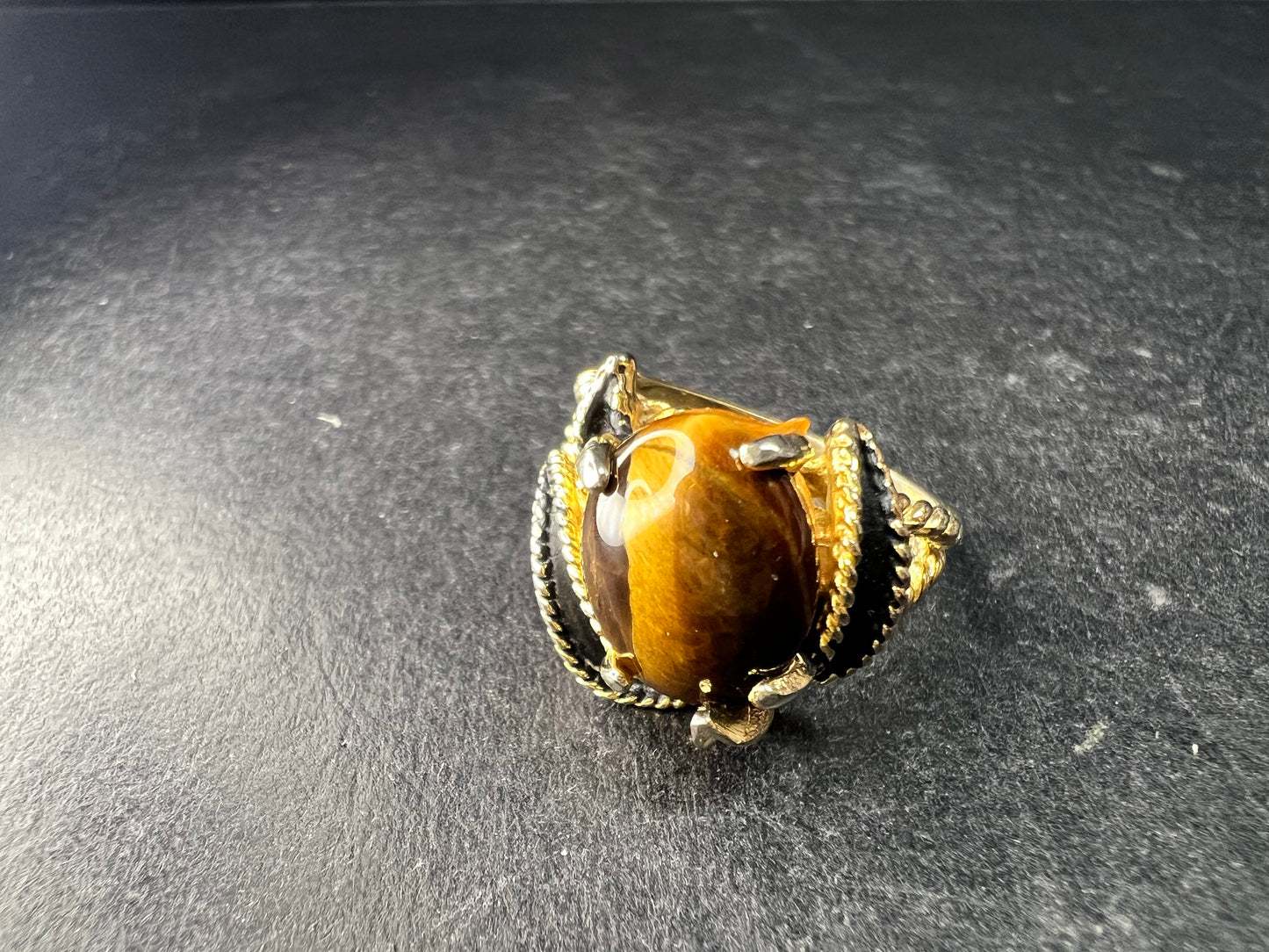 Vintage Espo Tiger’s Eye Ring Size 7.5 18K HGF Gold Filled Statement