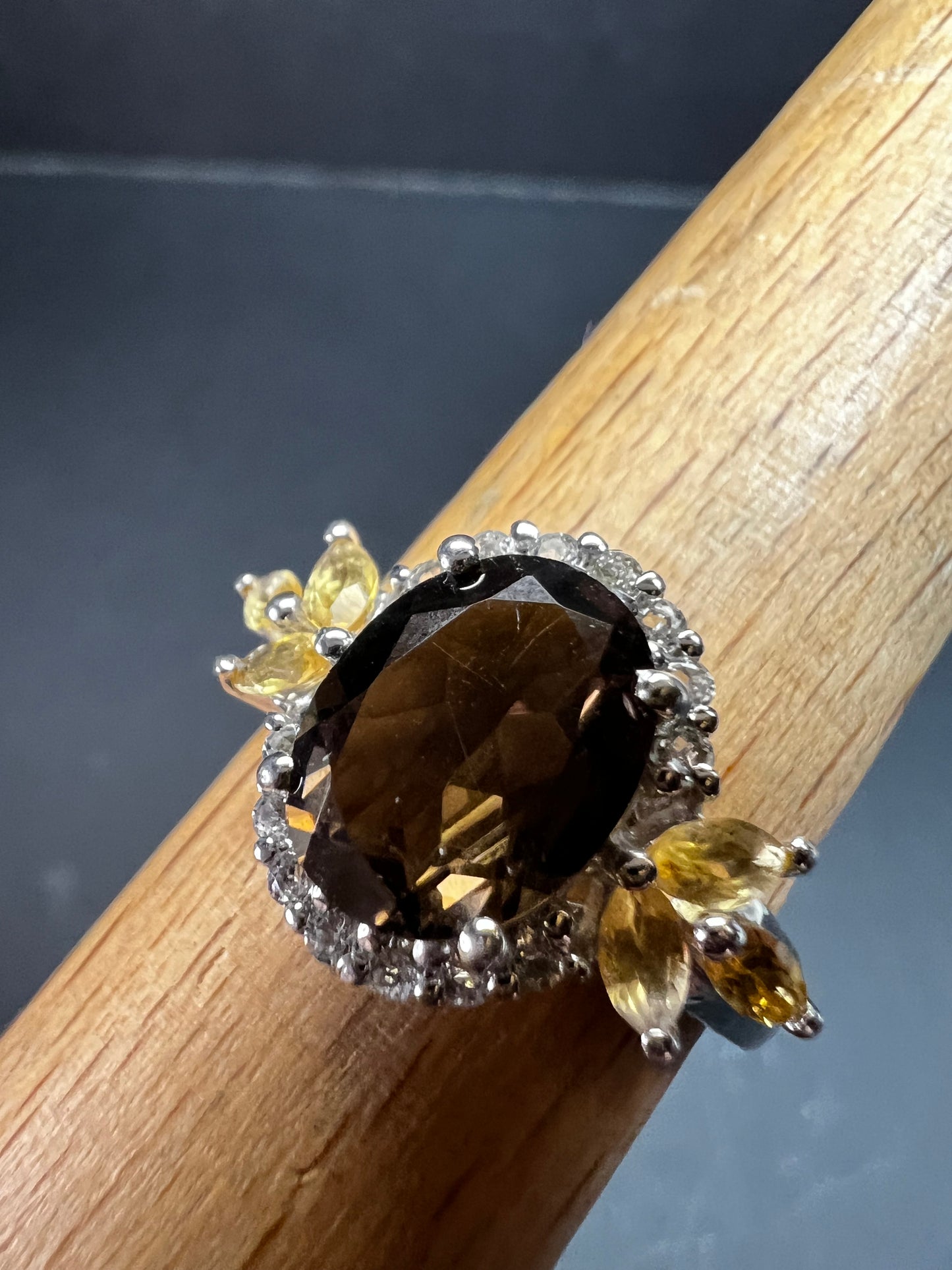 Smoky Quartz Citrine White Topaz Sterling Silver Ring Size 9 Estate