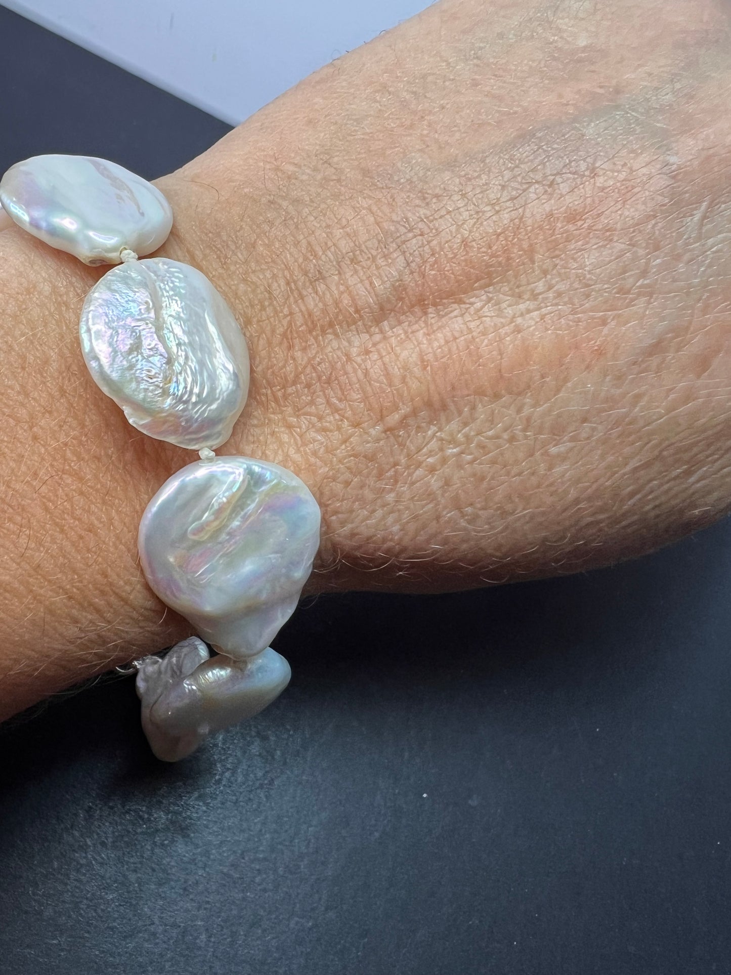 Cultured coin pearls bracelet with sterling silver clasp and extension