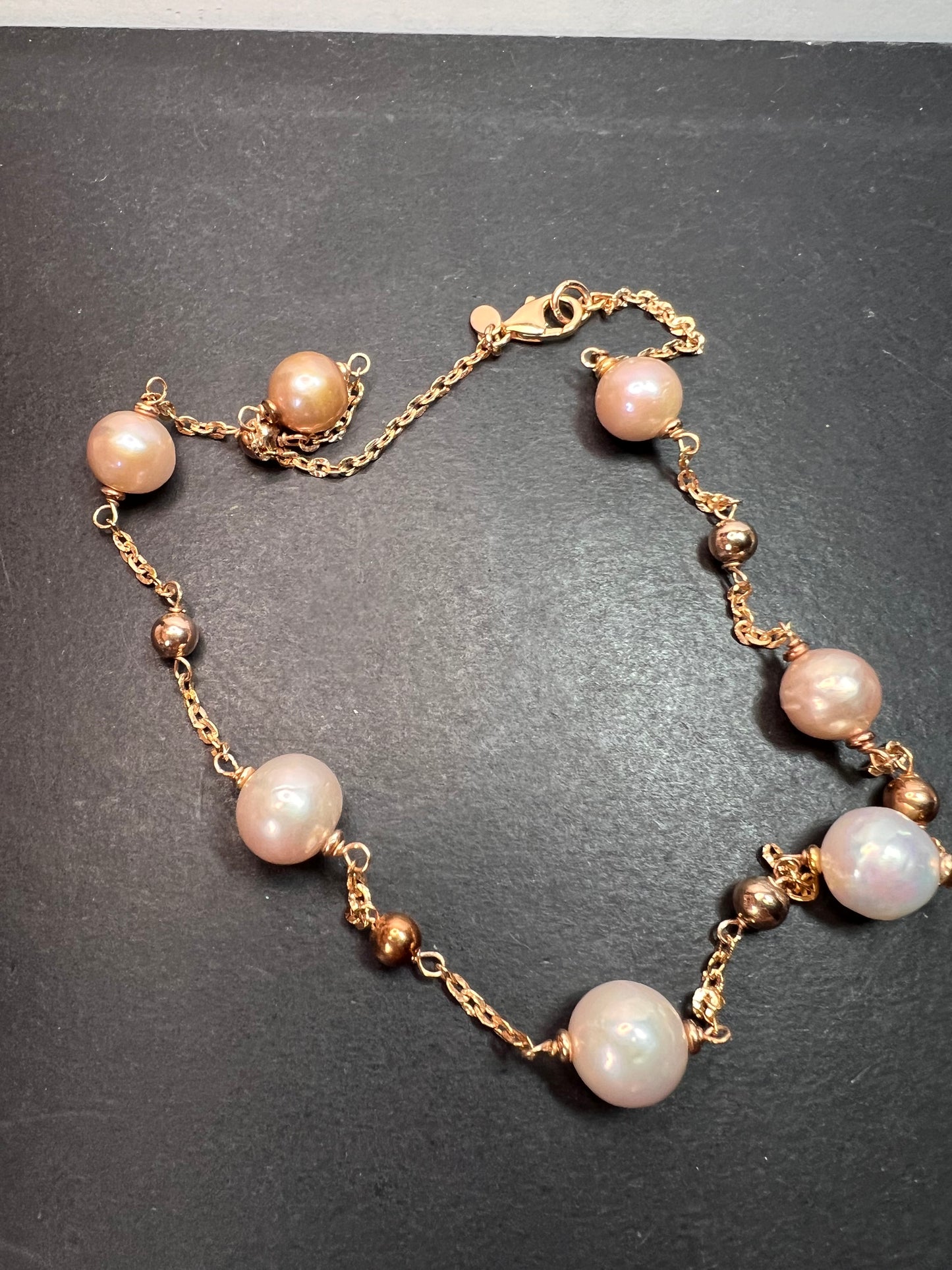 Cultured pearl station necklace in rose gold over bronze