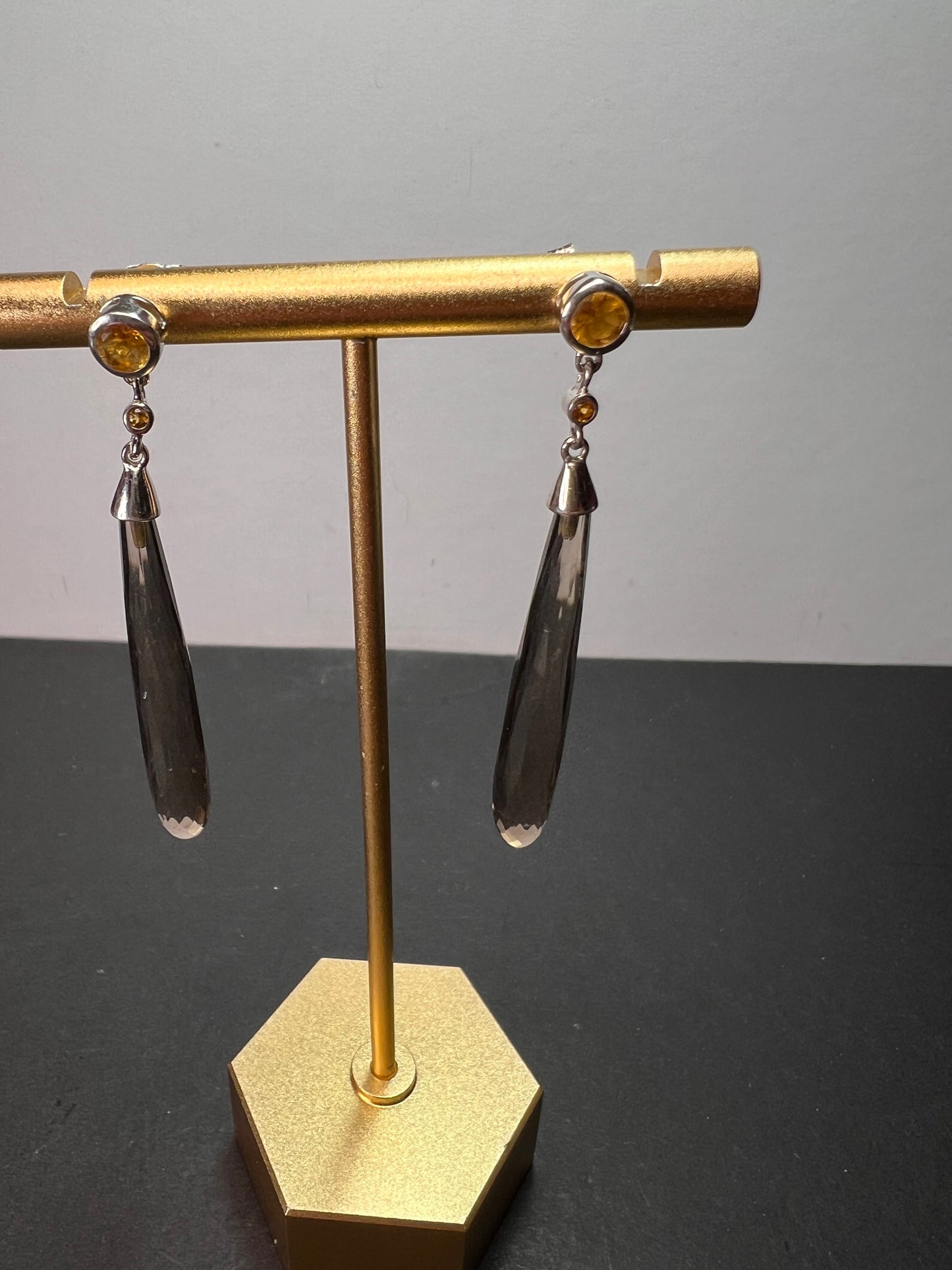 Smoky quartz and citrine sterling silver long dangle earrings