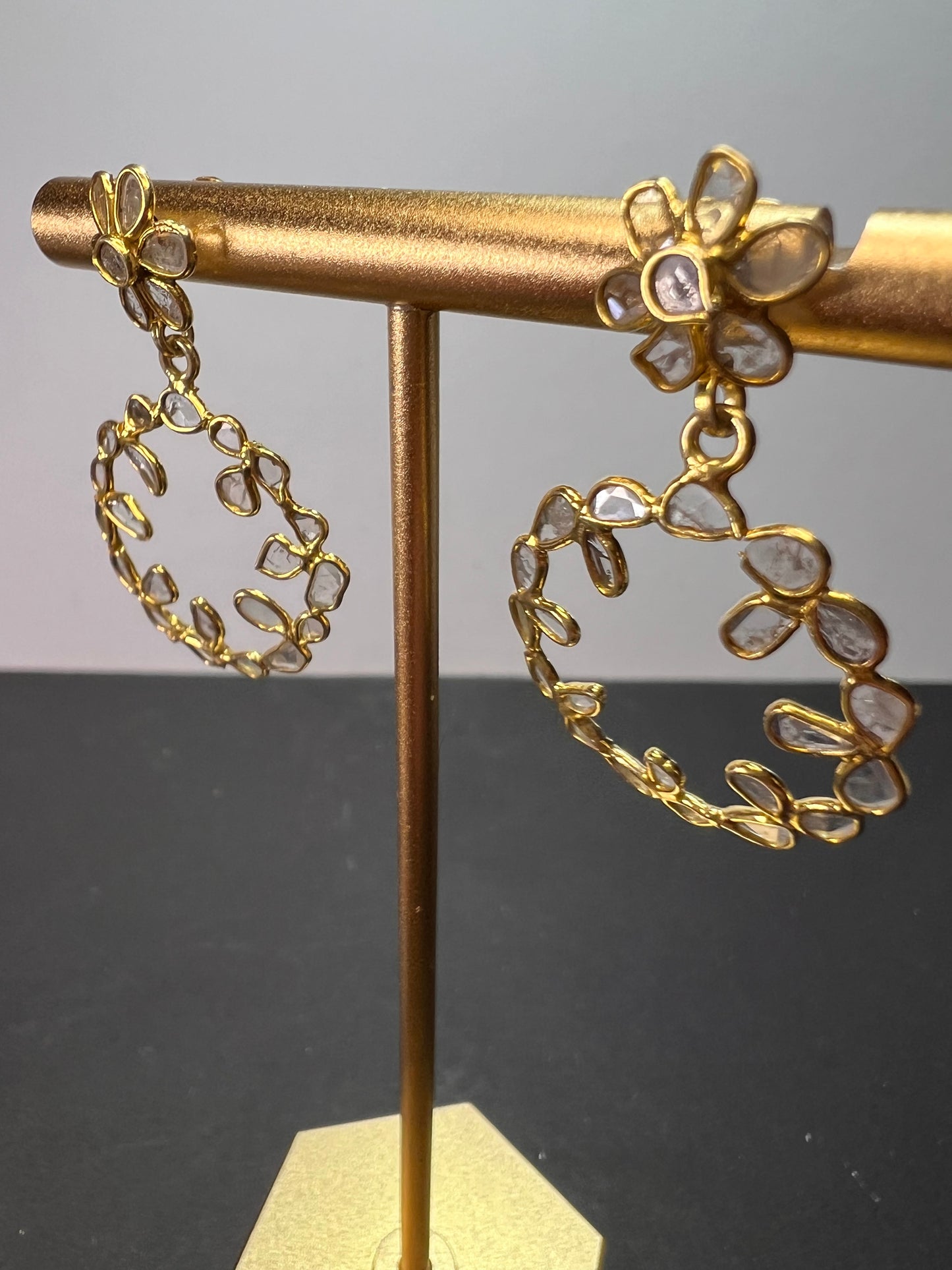 Polki diamond drop hoop gold over sterling silver earrings