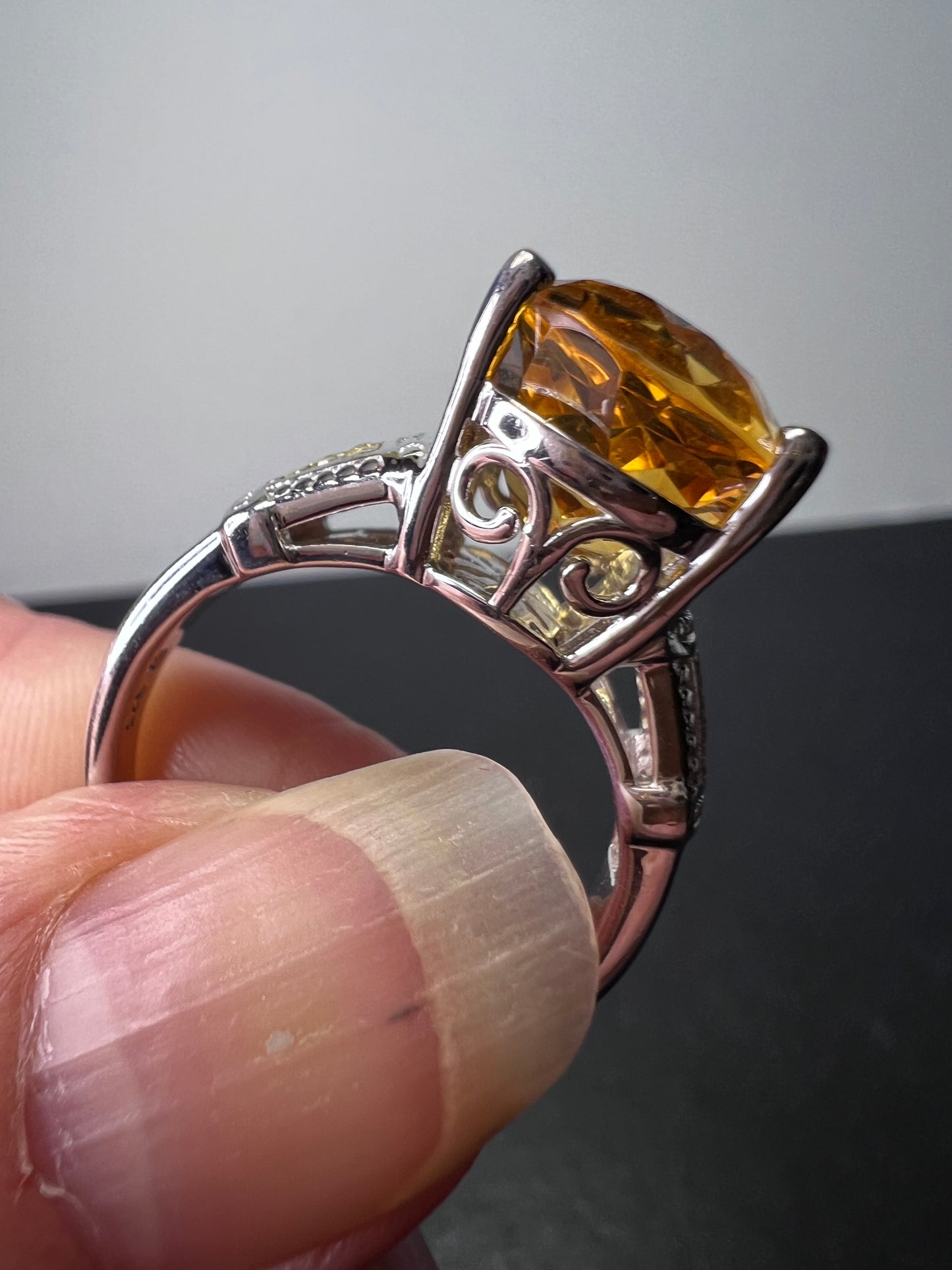 Citrine and yellow diamond ring in sterling silver size 10. 7.55 ctw