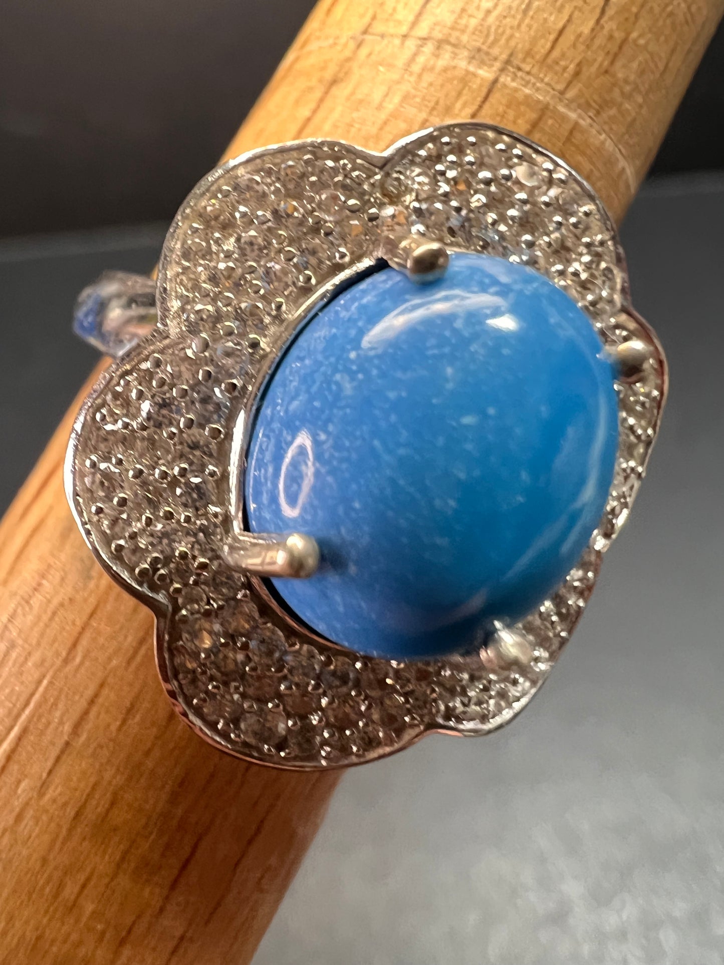 NEW Ceruleite and zircon blossom ring in rhodium over sterling silver size 8